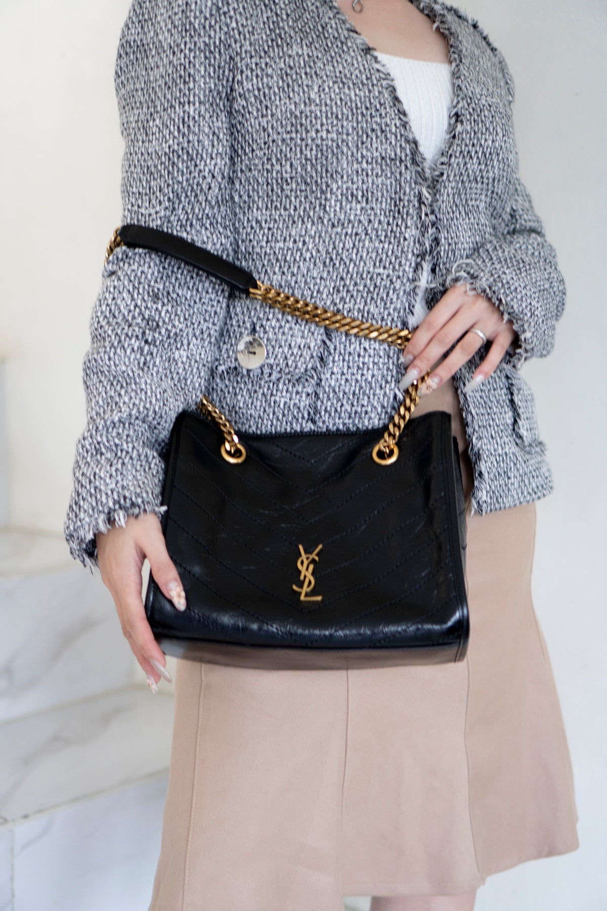 Niki Small Shopping Bag – Black Crinkled Vintage Calfskin with Gold Hardware