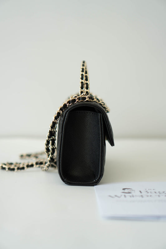23p Top Handle with Chain in Black Shiny Lambskin with Light Gold hardware