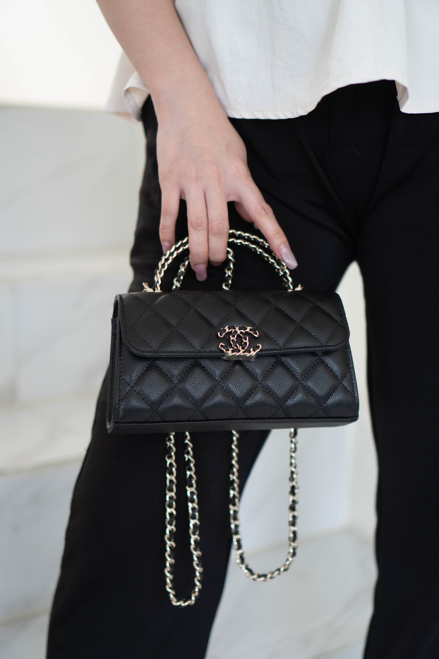 23p Top Handle with Chain in Black Shiny Lambskin with Light Gold hardware
