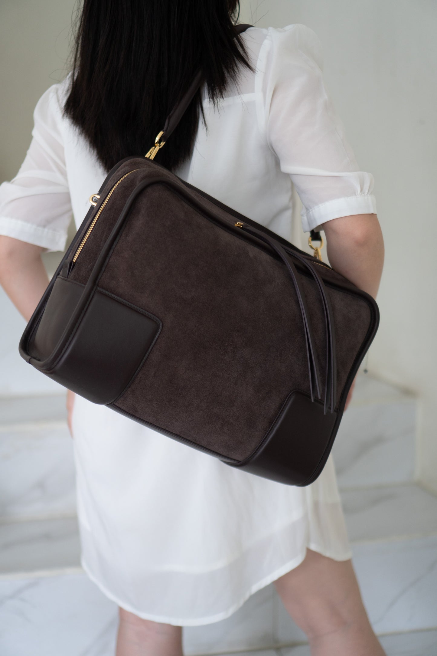 Amazona Large Suede Top Handle Bag – Dark Chocolate Brown