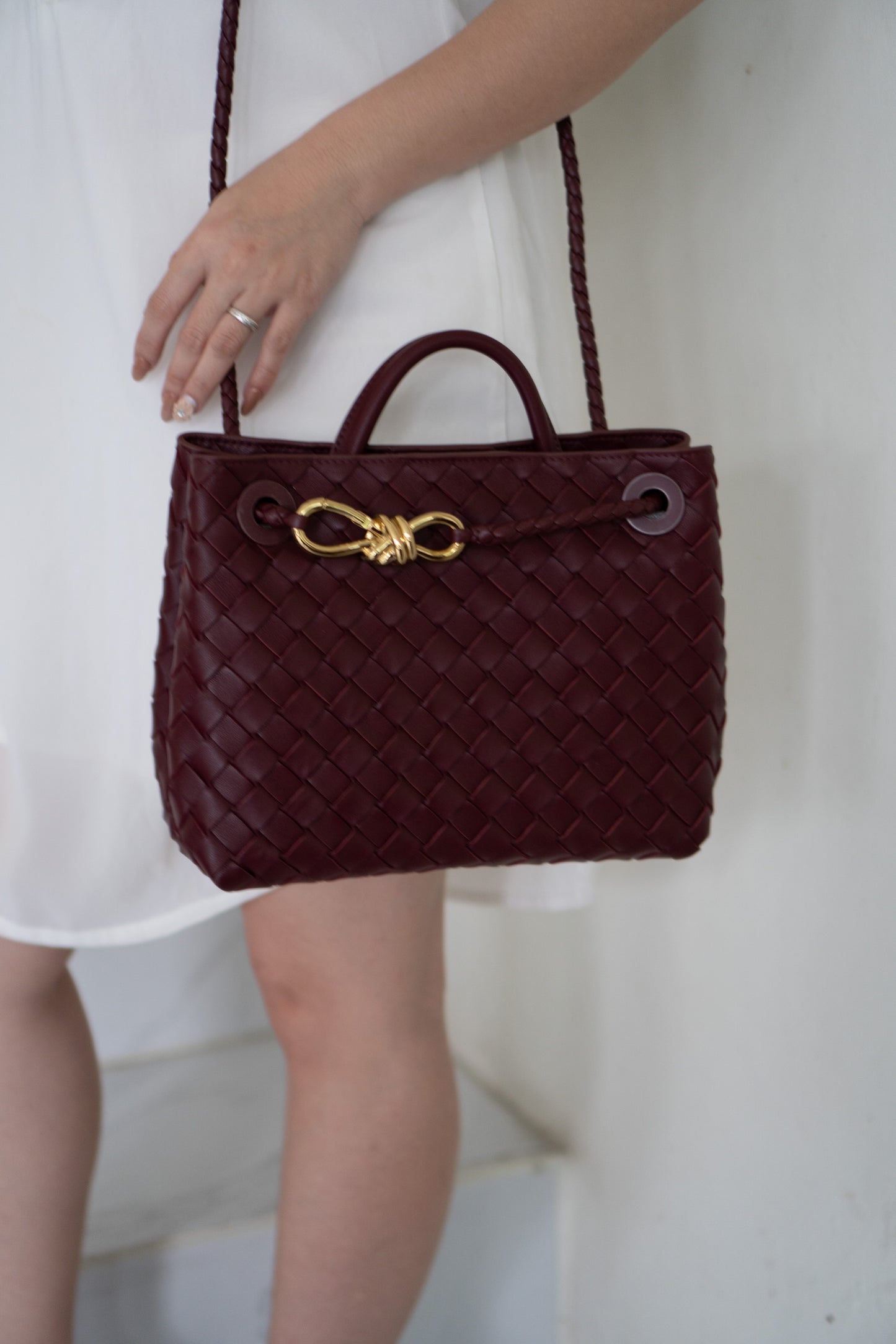 Small Woven Top Handle Bag – Burgundy Nappa Leather Details: