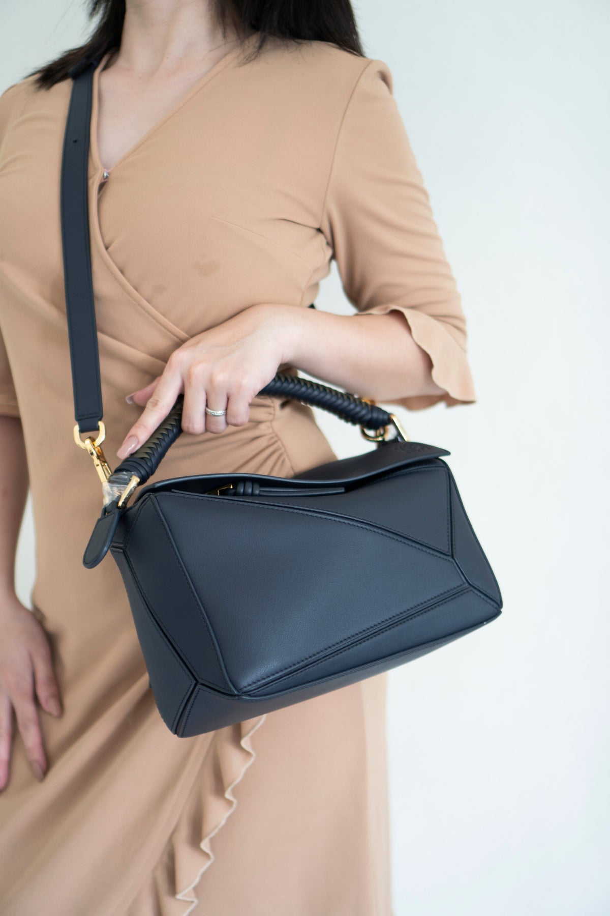 Puzzle Bag with Woven Top Handle in Dark Ink / Dark Khaki