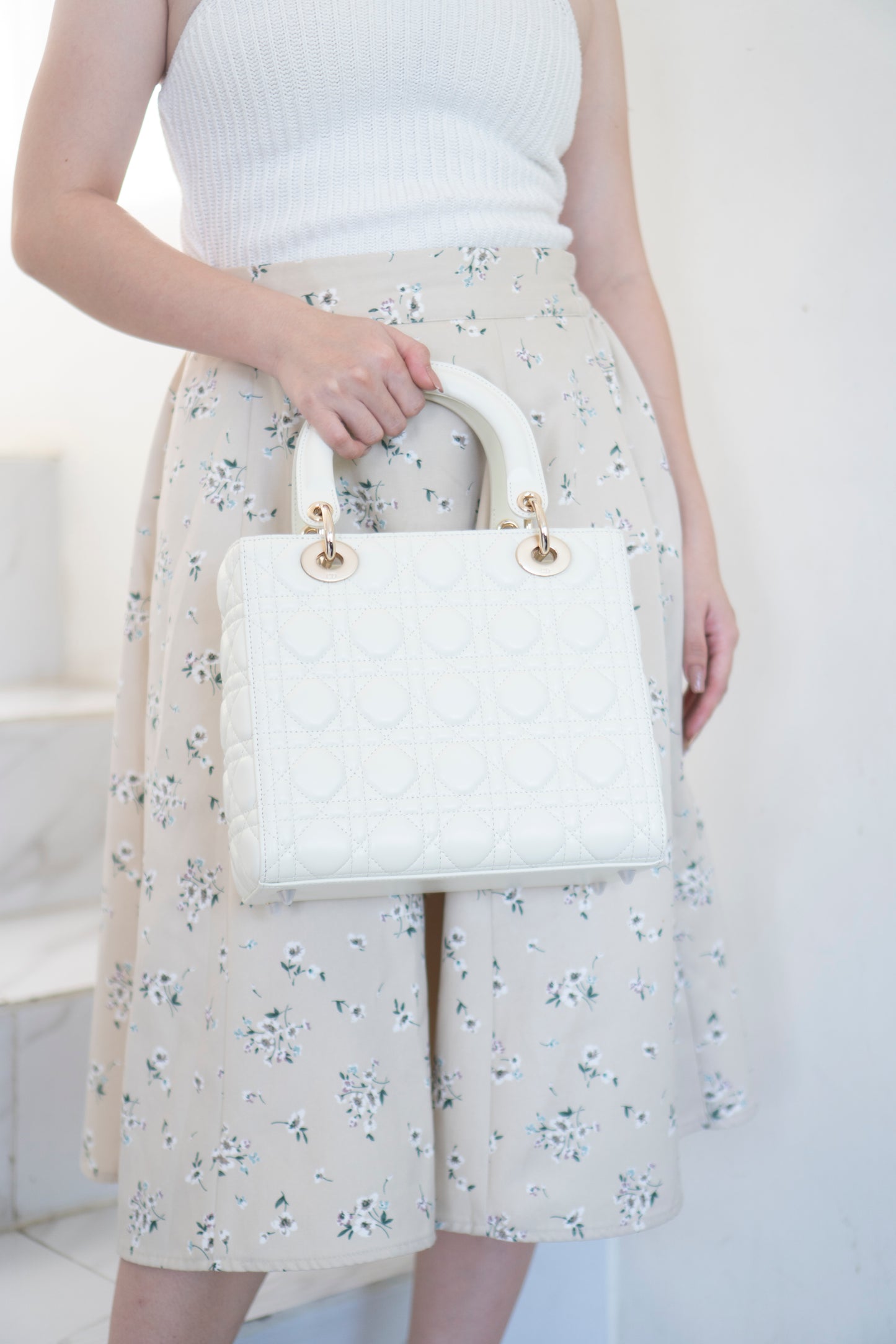 Lady D Medium Bag in White Lambskin