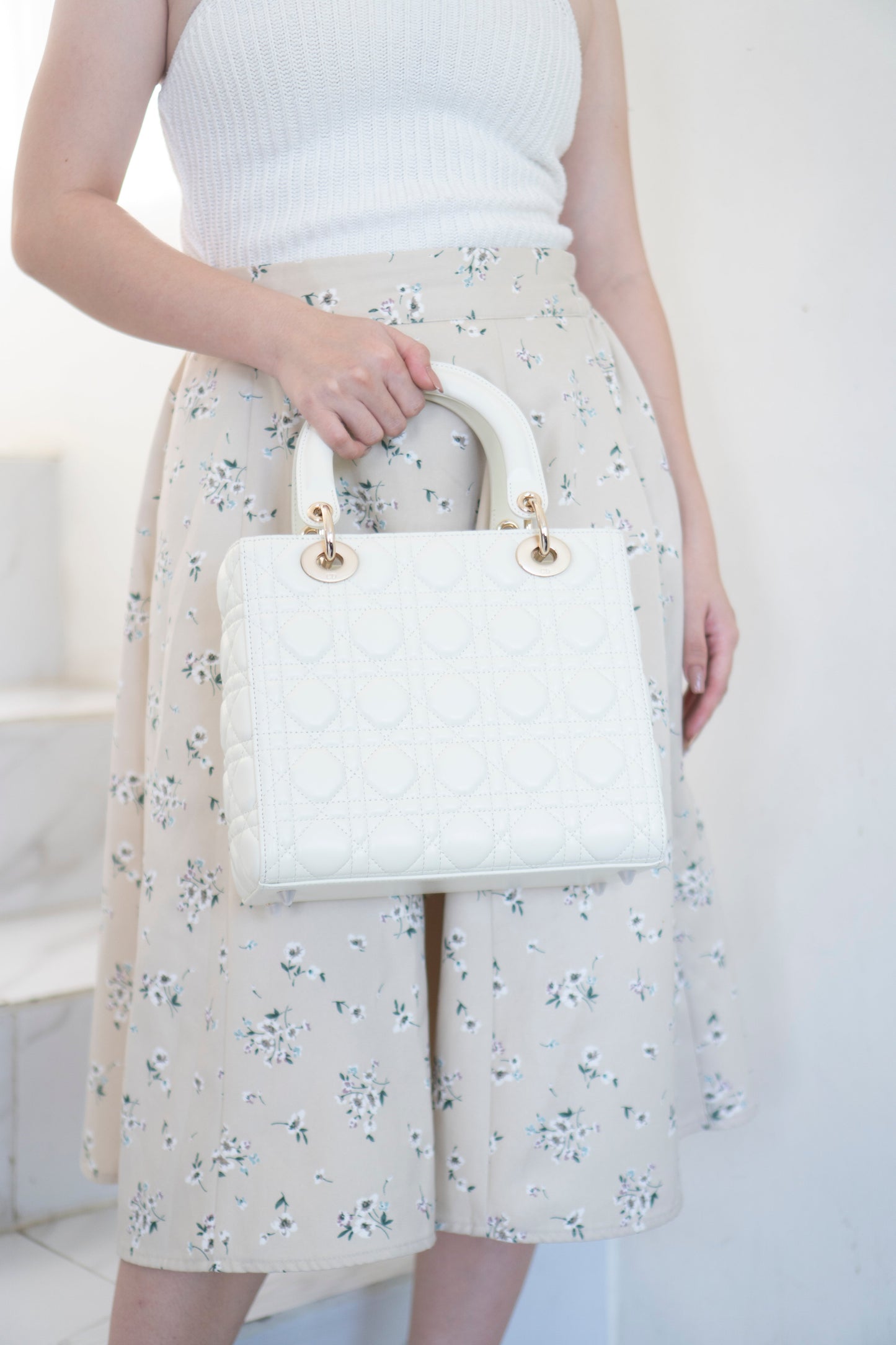 Lady D Medium Bag in White Lambskin