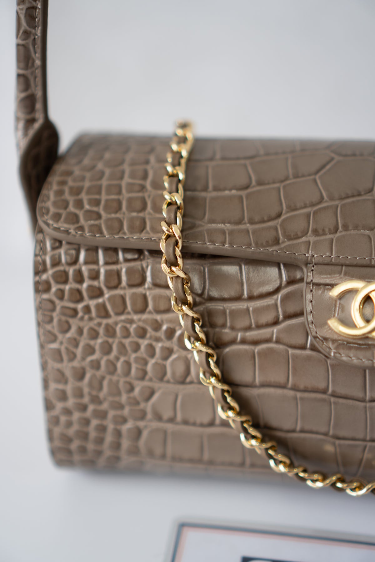 East-West Flap Bag with Top Handle – Grey Croc-Embossed Calfskin Leather with Gold Hardware