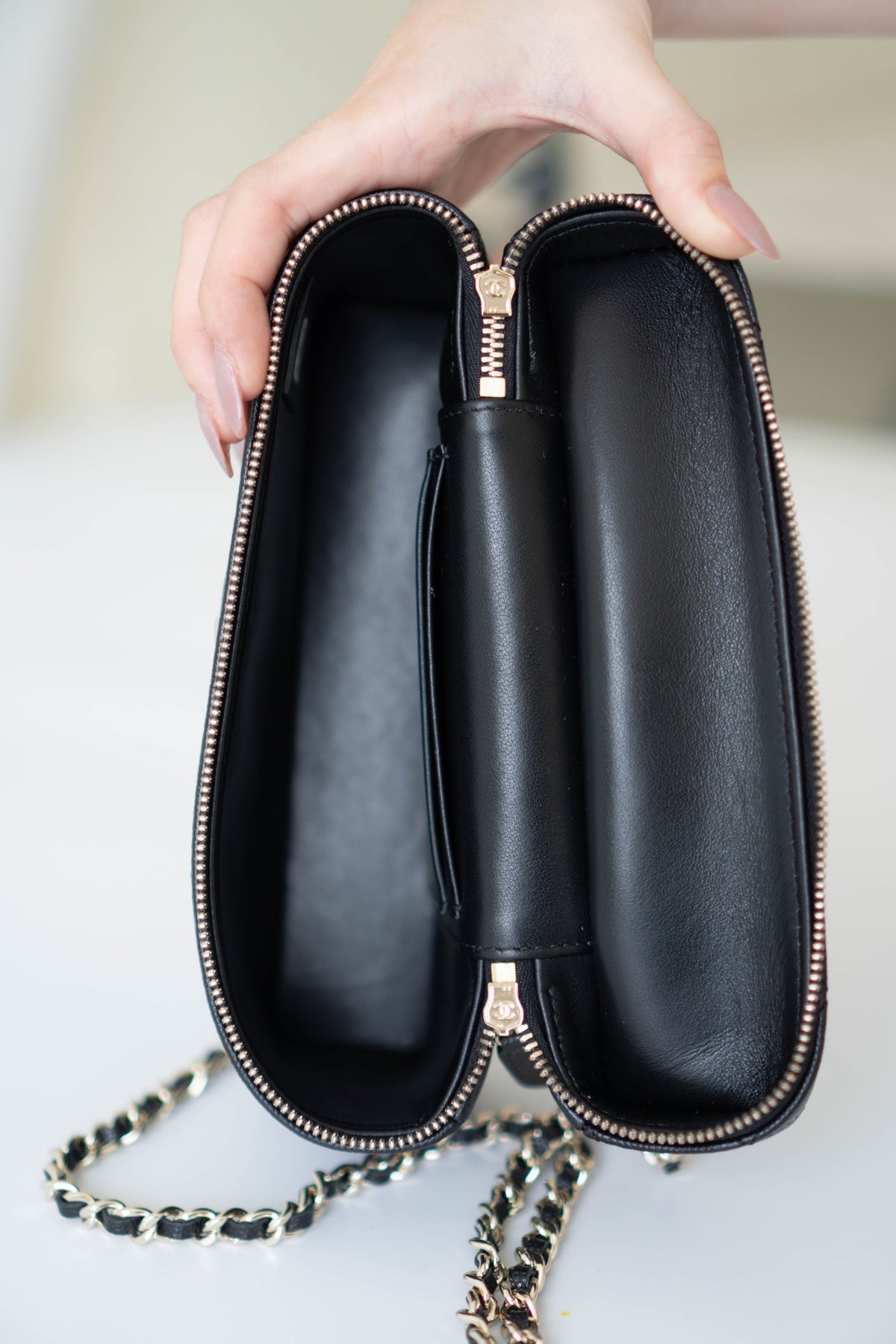 Top Handle Slim Vanity Case – Black Quilted Leather with Gold Hardware