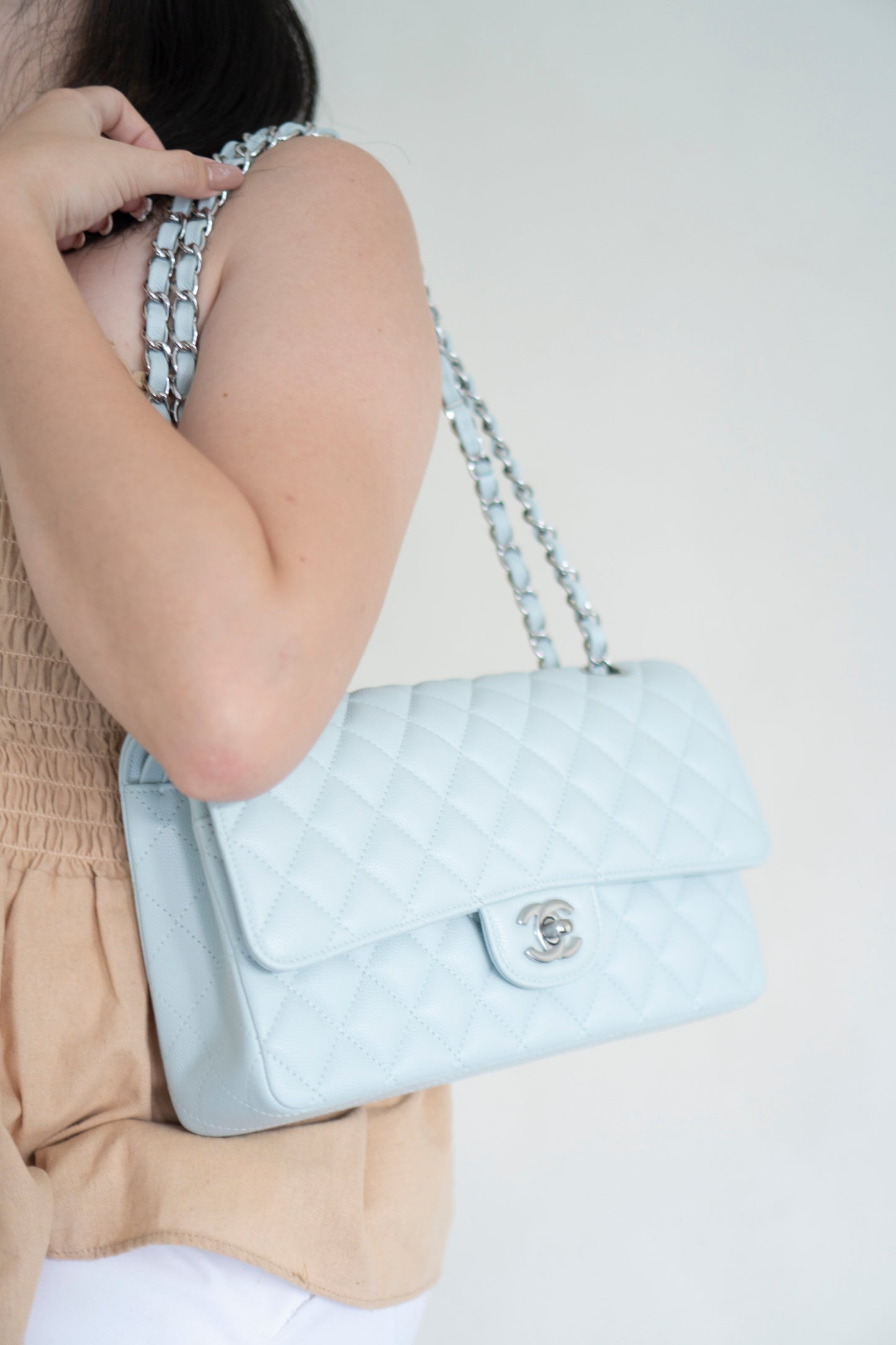 Classic Flap Medium in Light Blue Caviar Leather and Silver Hardware