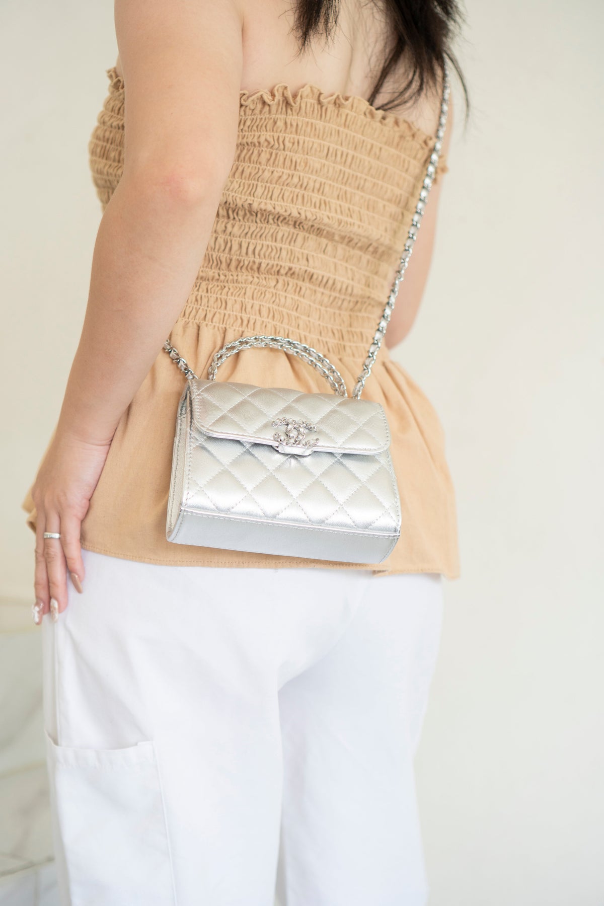 Mini Kelly Shopping Bag – Metallic Silver Quilted Lambskin with Silver Hardware