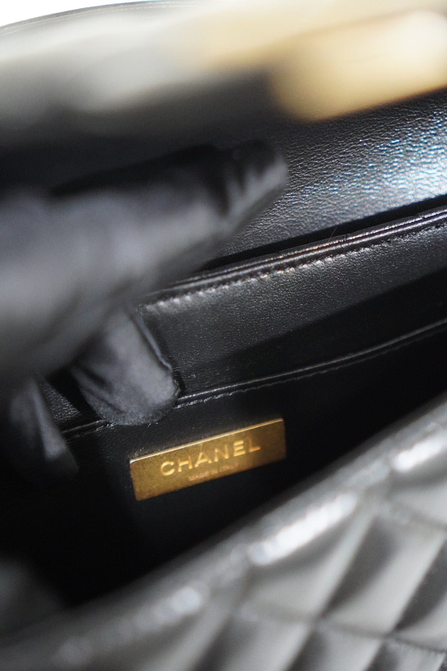 25P Top Handle Flap Bag in Black Shiny Lambskin with Gold Hardware