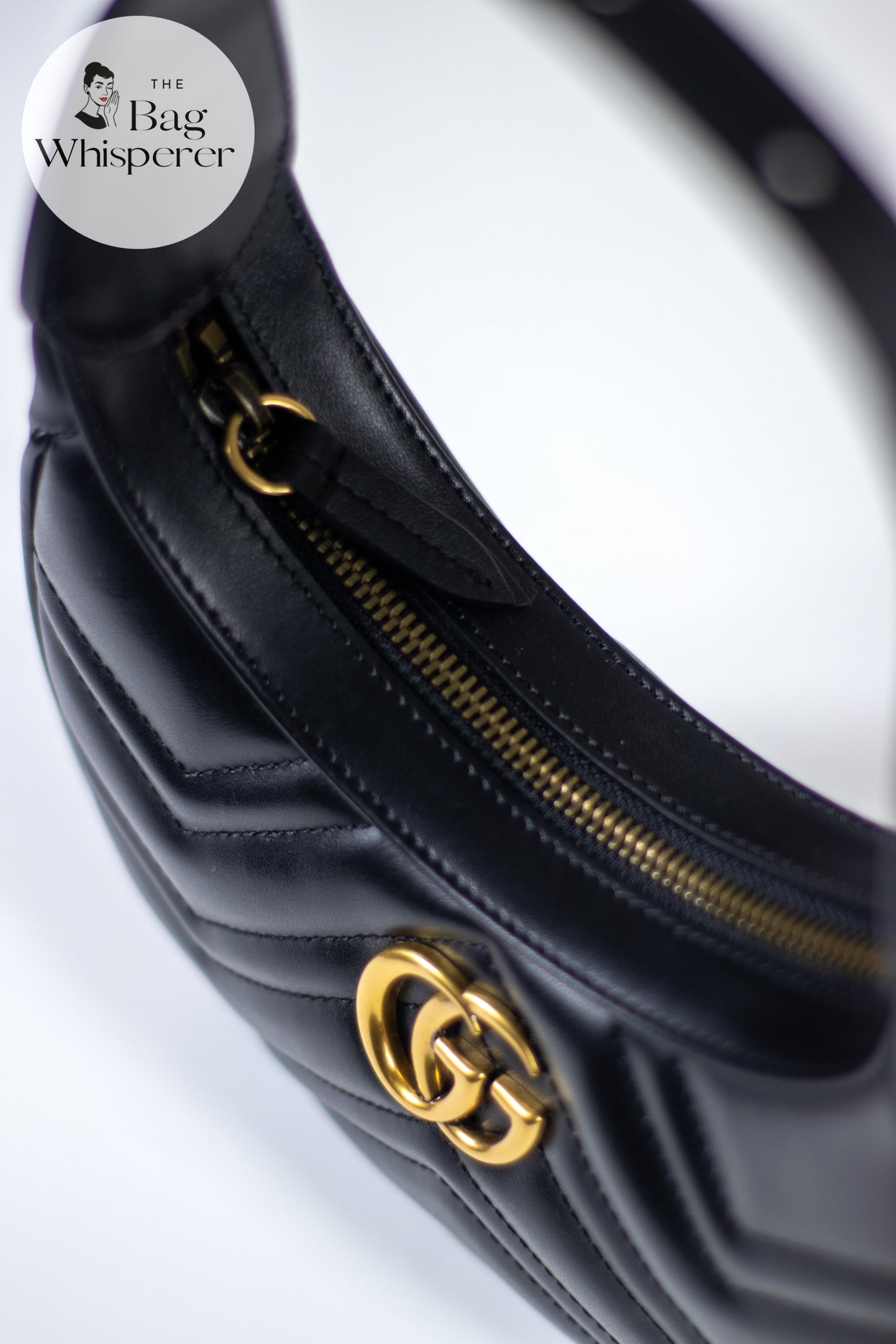 GG Marmont Mini Moon Bag – Black Leather with Antique Gold Hard