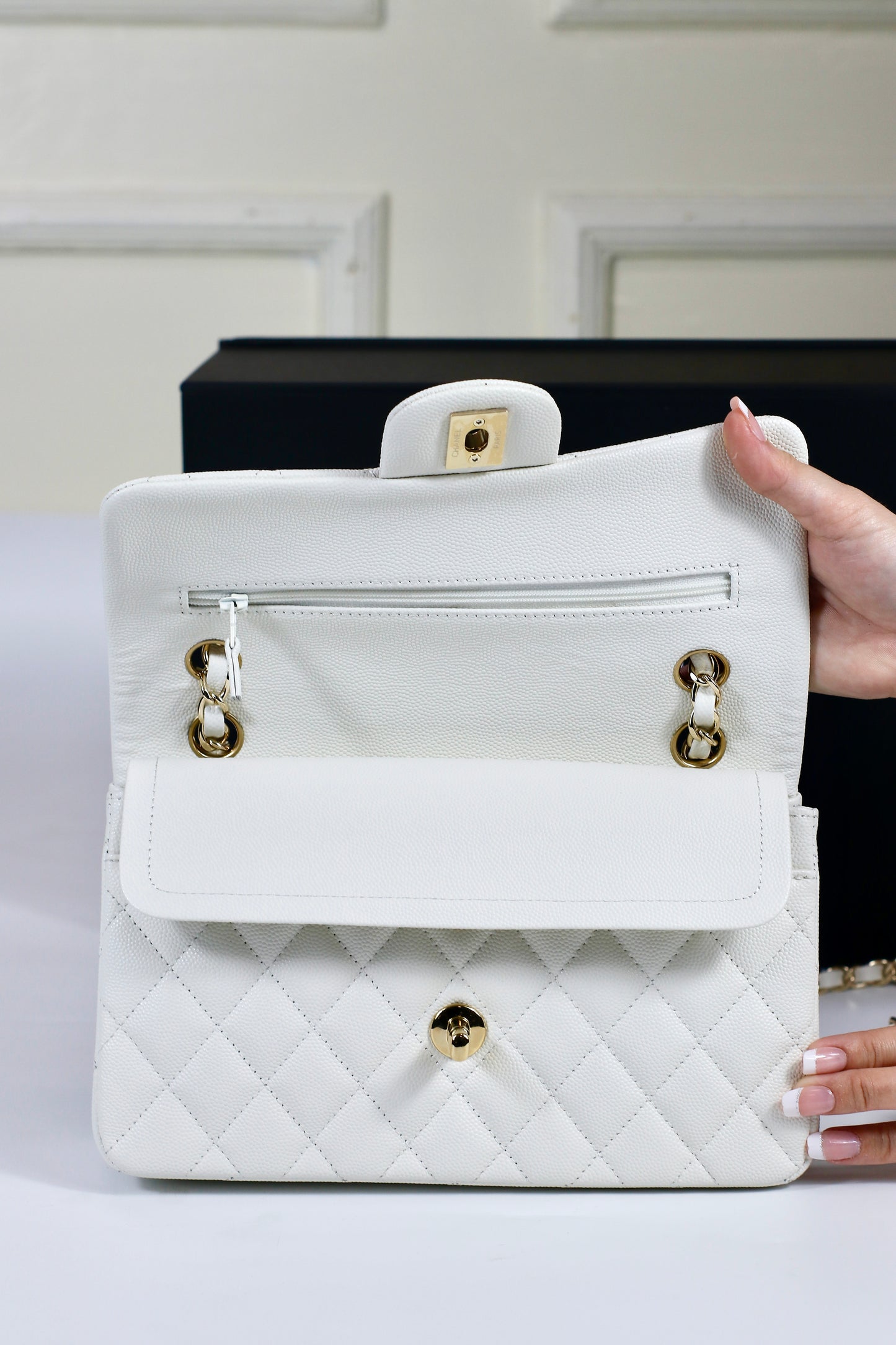 Classic Flap Small – White Caviar with Light Gold Hardware (Microchipped)
