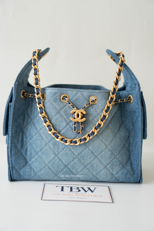 C25 Drawstring Bag – Denim Quilted Fabric with Gold Hardware (25s Collection)
