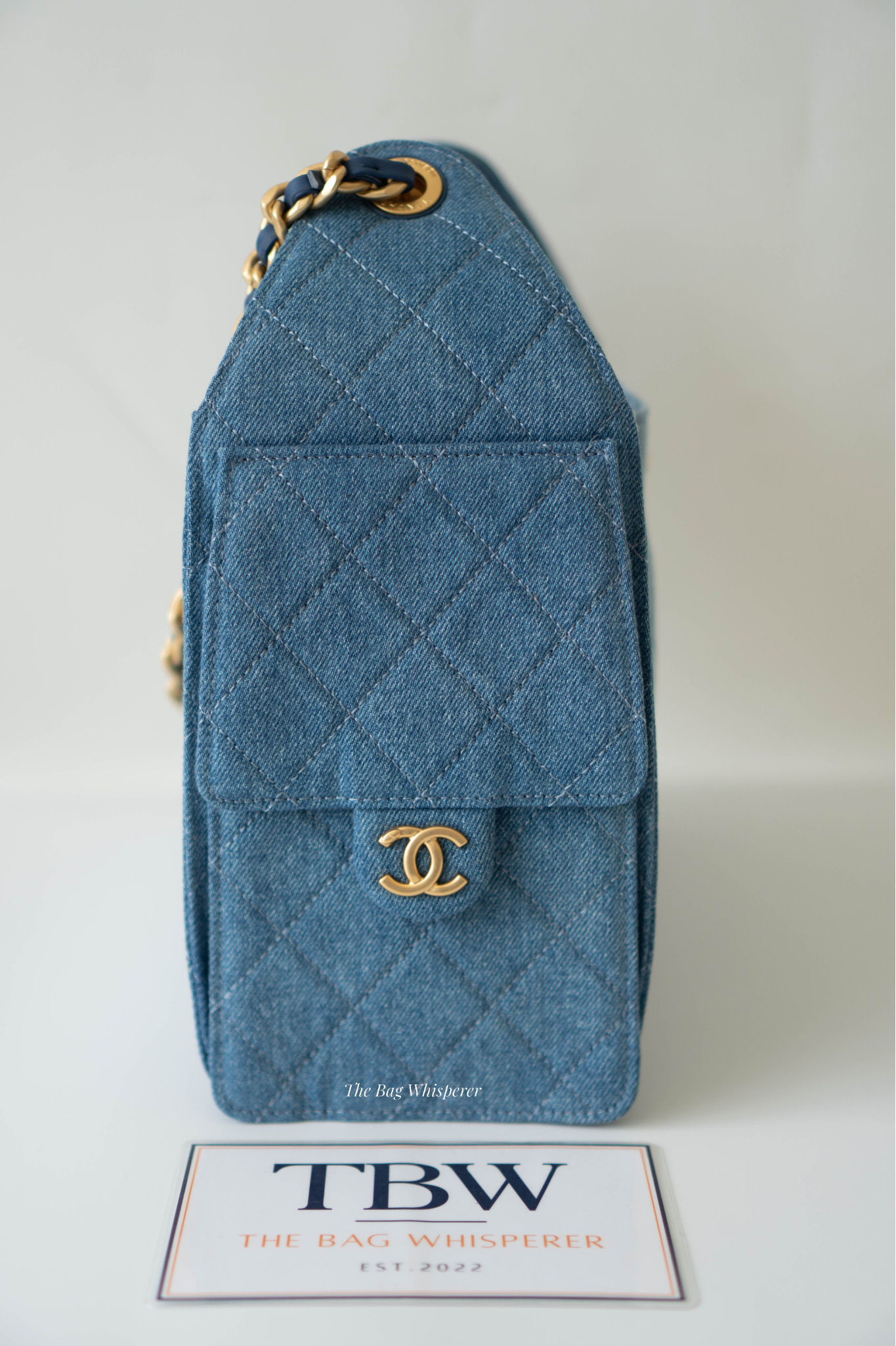 C25 Drawstring Bag – Denim Quilted Fabric with Gold Hardware (25s Collection)