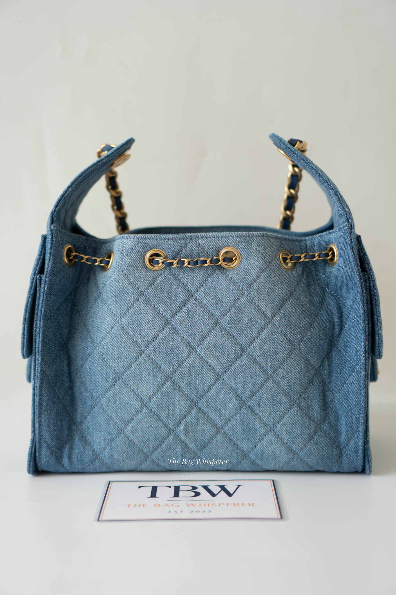 C25 Drawstring Bag – Denim Quilted Fabric with Gold Hardware (25s Collection)