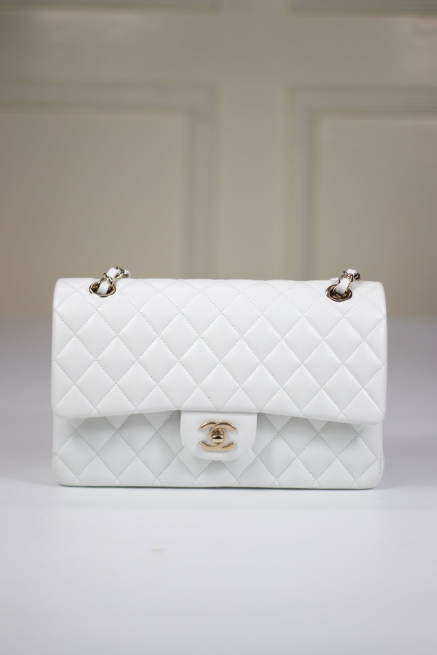 Classic Flap – Pearl White Caviar Leather with Light Gold Hardware