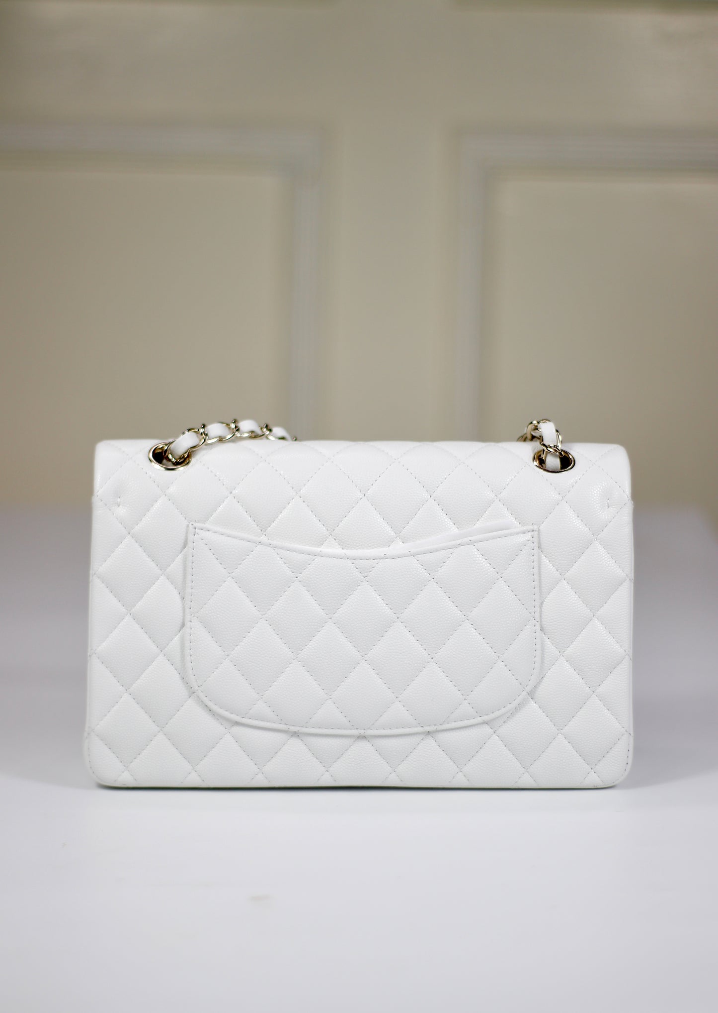 Classic Flap – Pearl White Caviar Leather with Light Gold Hardware