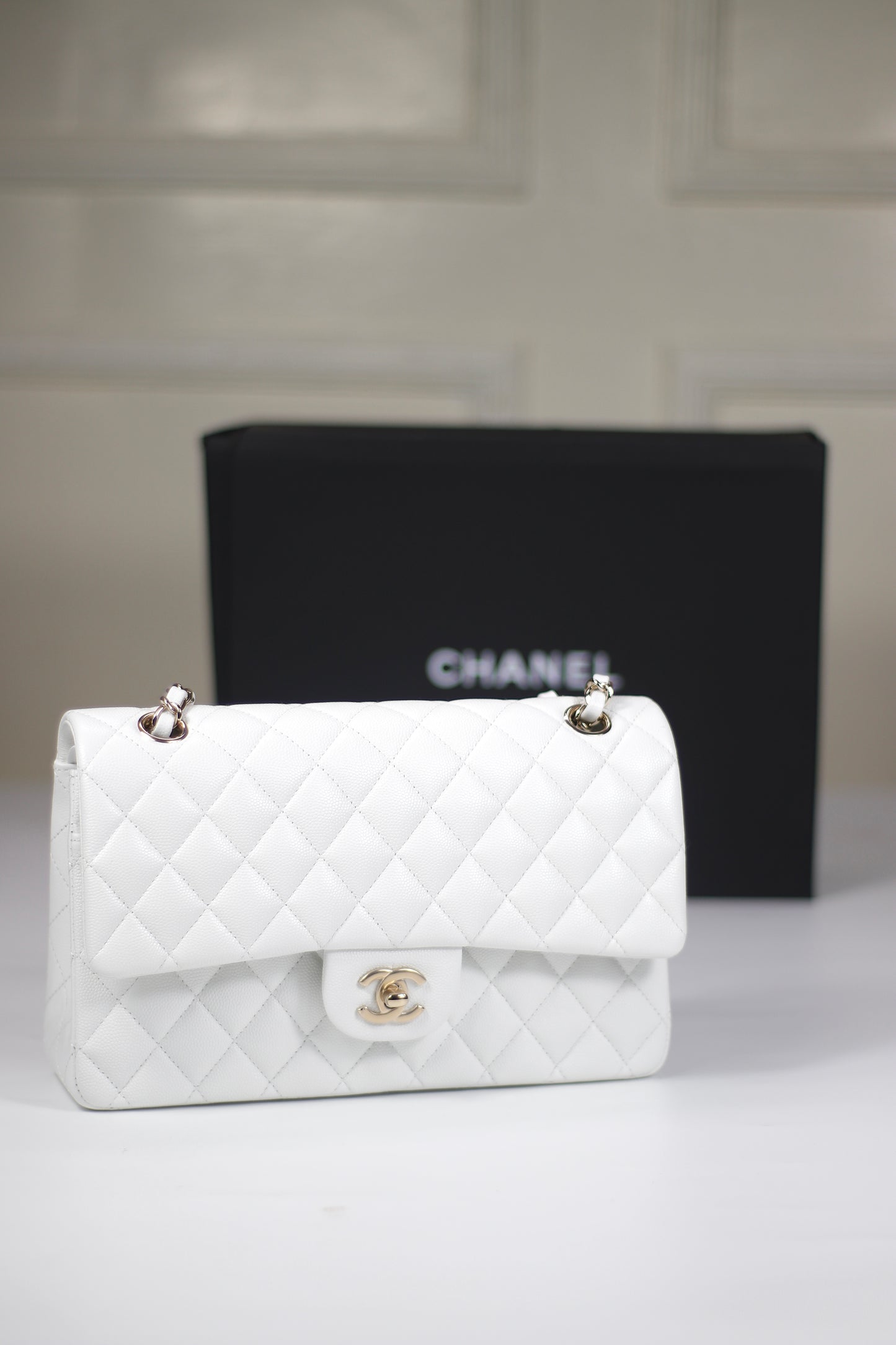 Classic Flap – Pearl White Caviar Leather with Light Gold Hardware