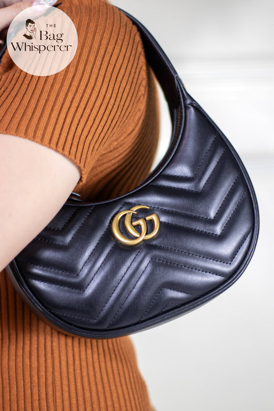 GG Marmont Mini Moon Bag – Black Leather with Antique Gold Hard