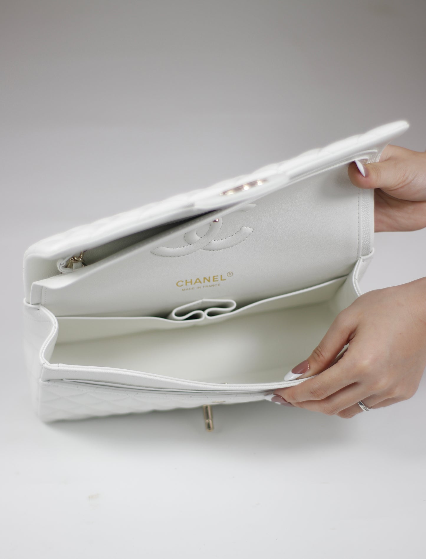 Classic Flap – Pearl White Caviar Leather with Light Gold Hardware