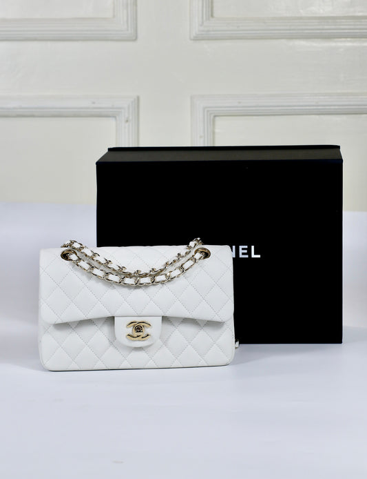 Classic Flap Small – White Caviar with Light Gold Hardware (Microchipped)