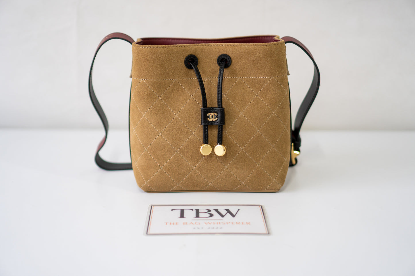 CC 26B Suede Bucket Bag – Dark Beige Suede with Gold Hardware