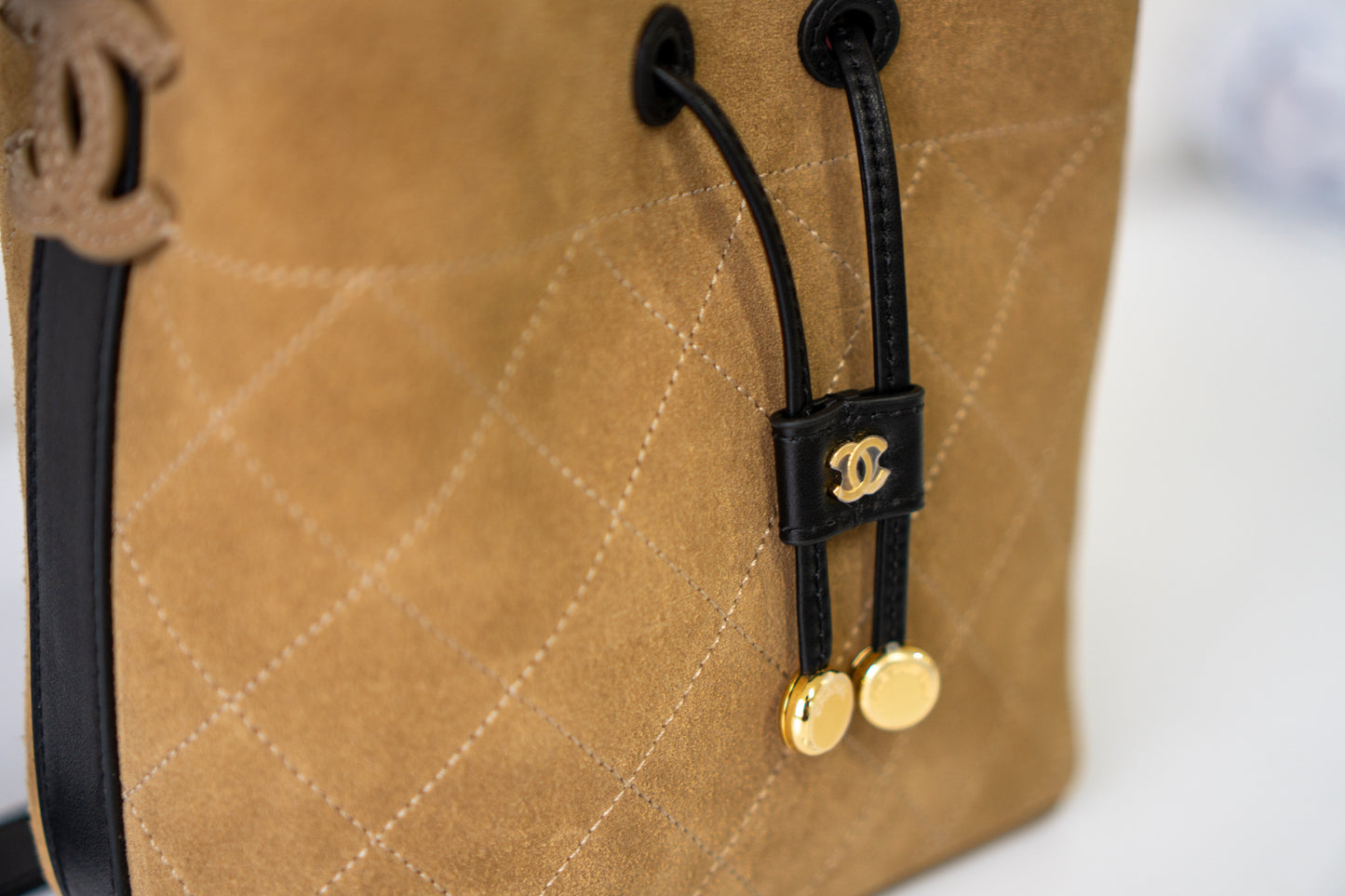 CC 26B Suede Bucket Bag – Dark Beige Suede with Gold Hardware