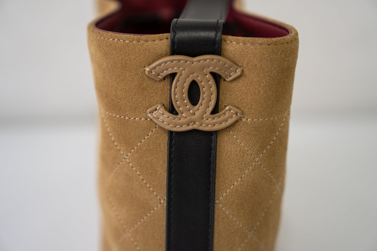 CC 26B Suede Bucket Bag – Dark Beige Suede with Gold Hardware