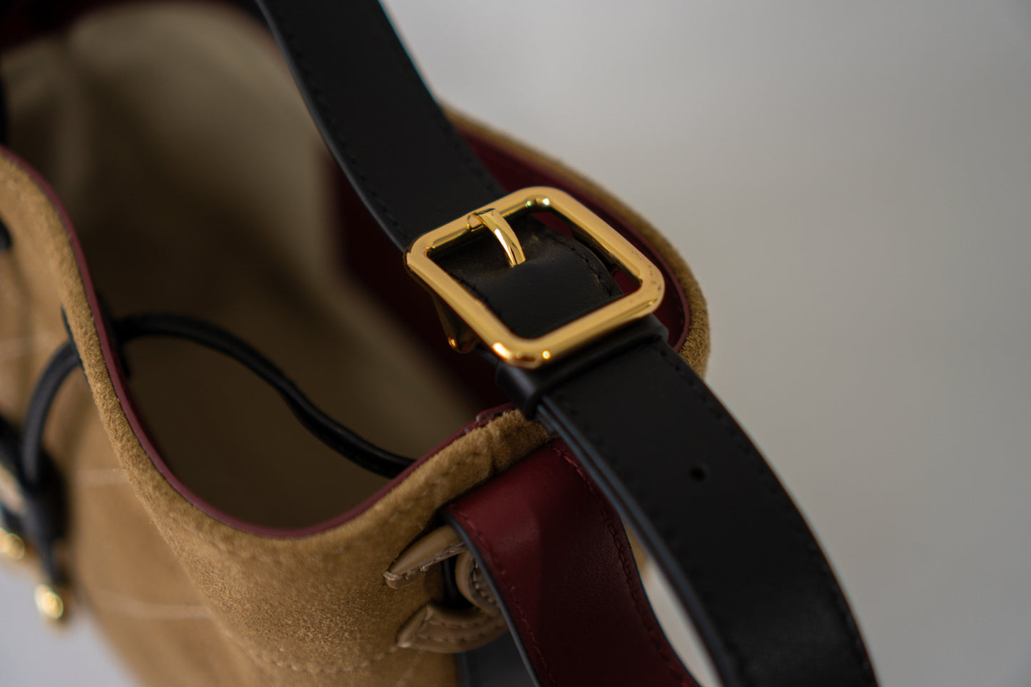 CC 26B Suede Bucket Bag – Dark Beige Suede with Gold Hardware