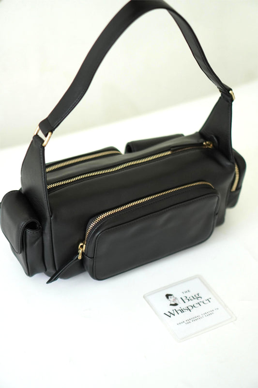 Multi-Pocket Shoulder Bag in Black Nappa Leather