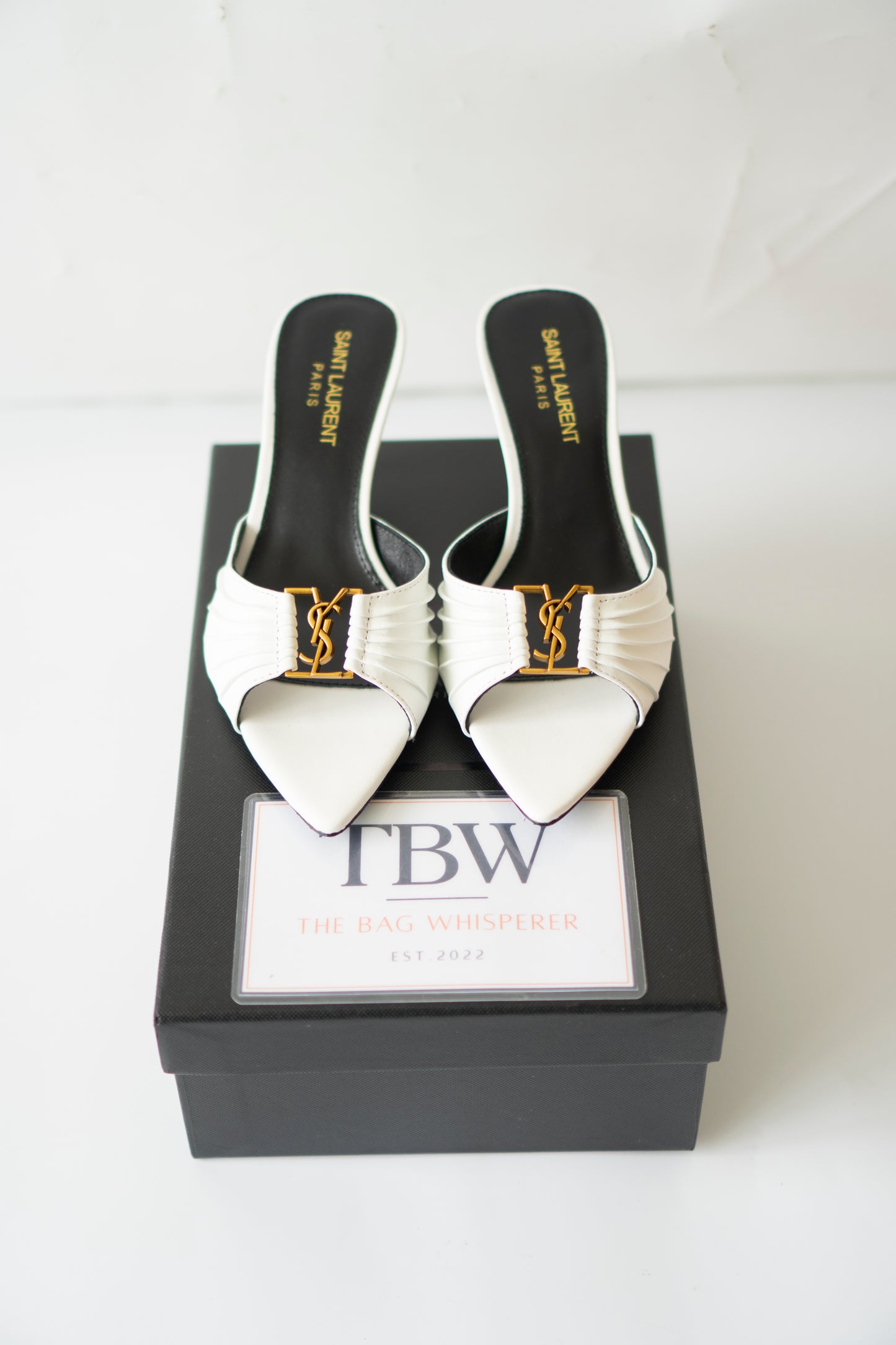 Babylone Mules – White Leather with Gold Cassandre Logo
