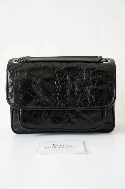 Nikki Bag – Black Crinkled Leather with Black Hardware (28 cm)