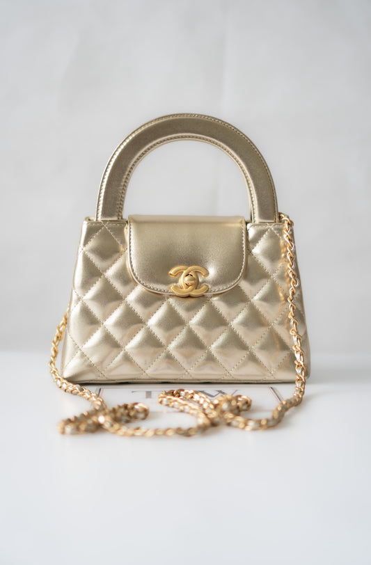 Kelly Top Handle Mini Flap – Metallic Gold Quilted Lambskin with Gold Hardware