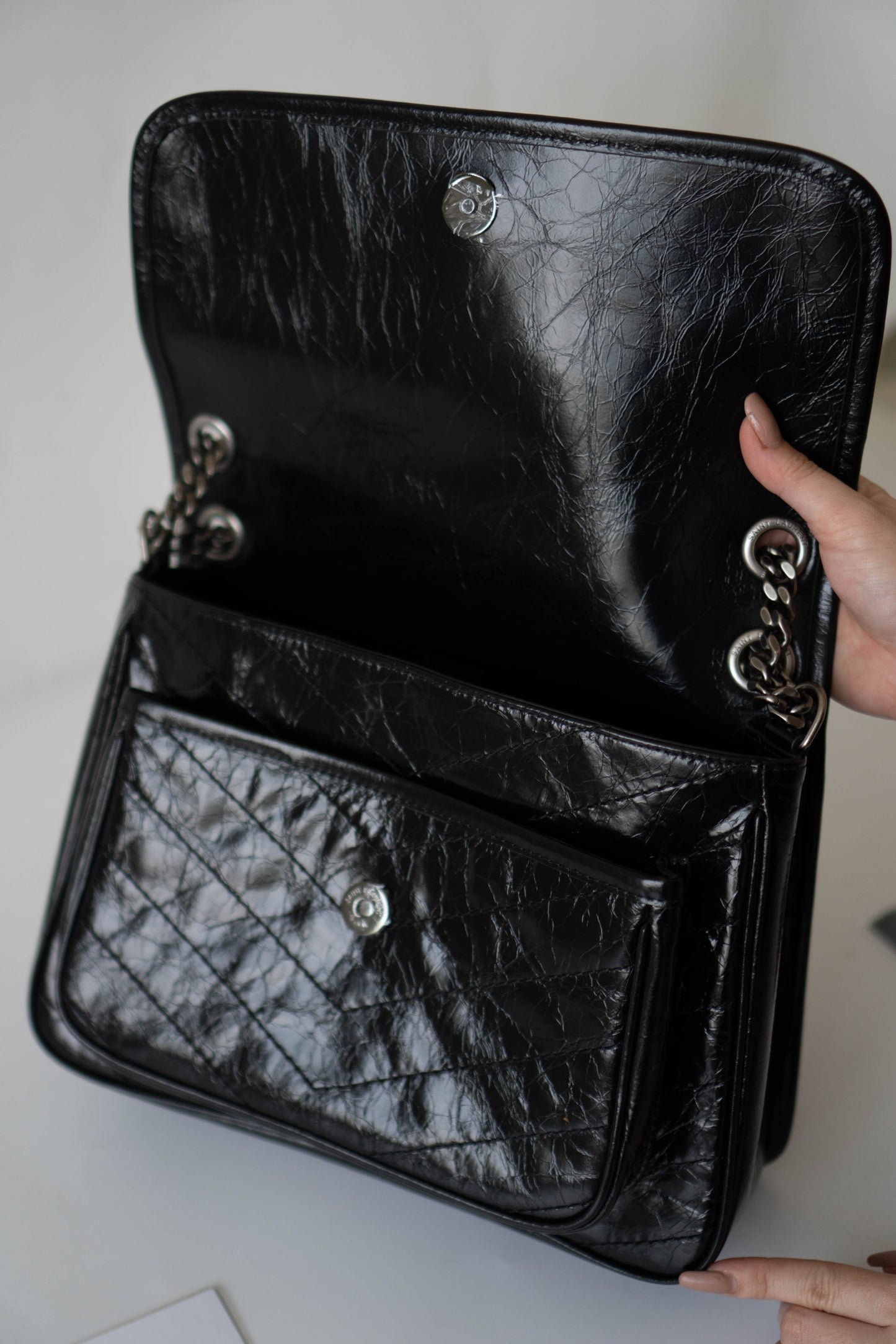 Nikki Bag – Black Crinkled Leather with Black Hardware (28 cm)