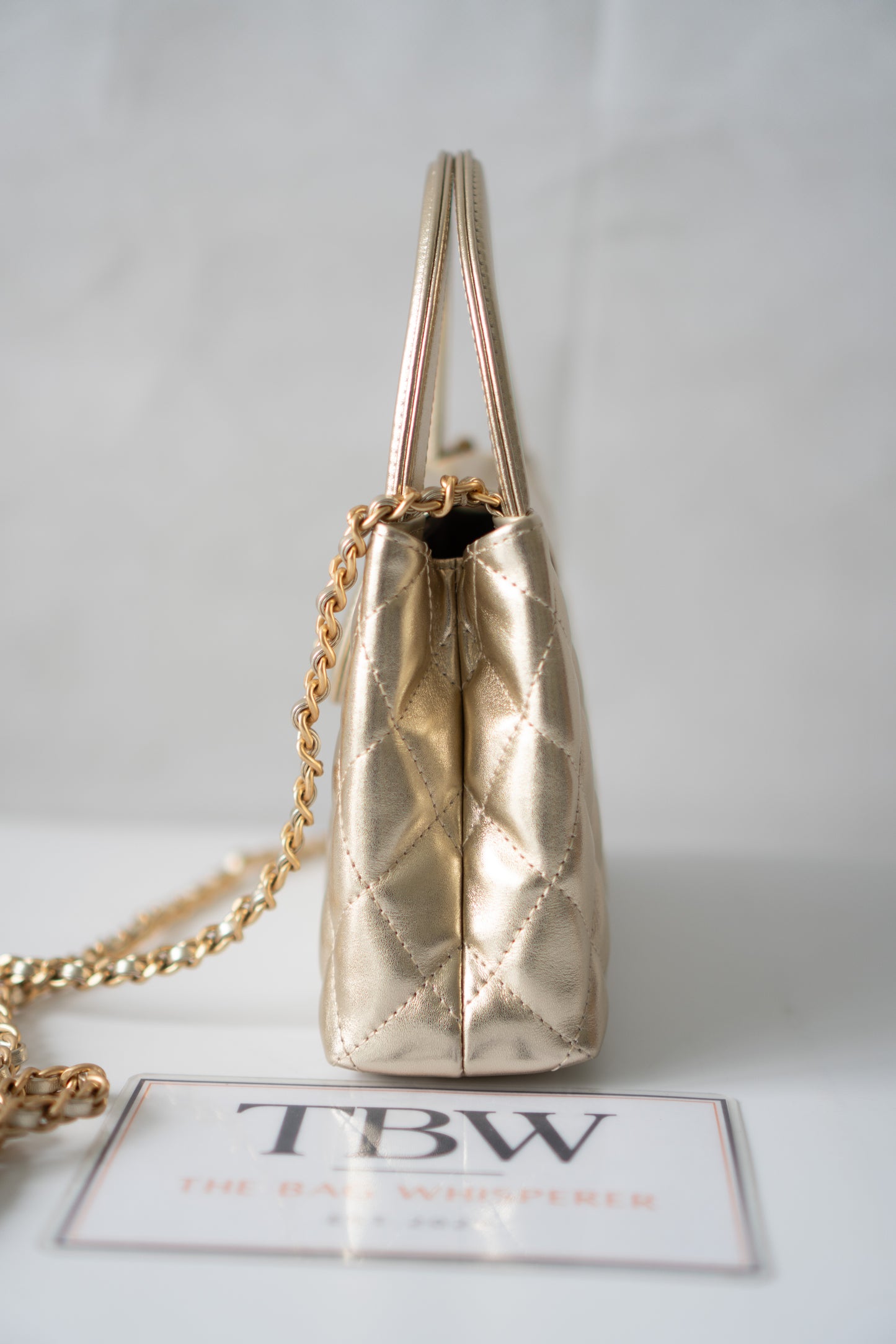 Kelly Top Handle Mini Flap – Metallic Gold Quilted Lambskin with Gold Hardware