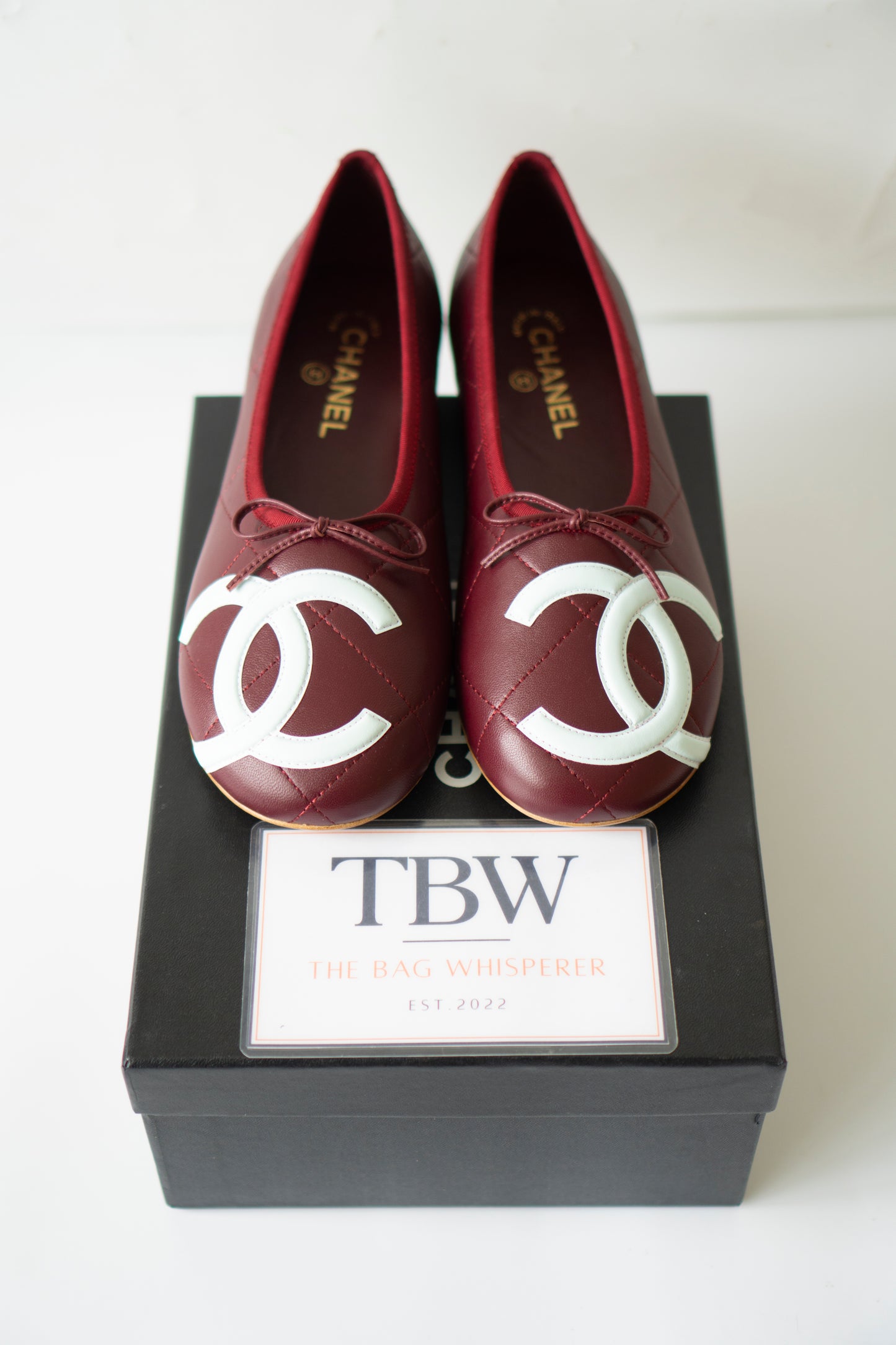 Cambon XL CC Ballet Flats – Burgundy Lambskin with Light Blue XL CC Logo