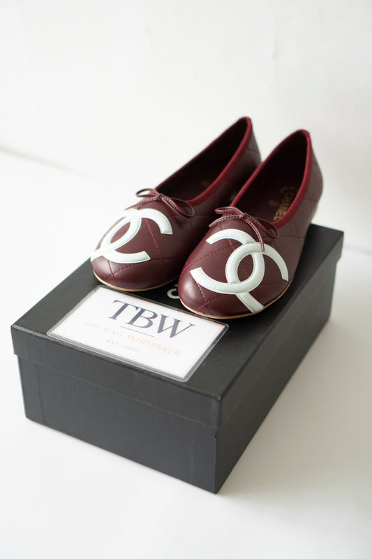 Cambon XL CC Ballet Flats – Burgundy Lambskin with Light Blue XL CC Logo