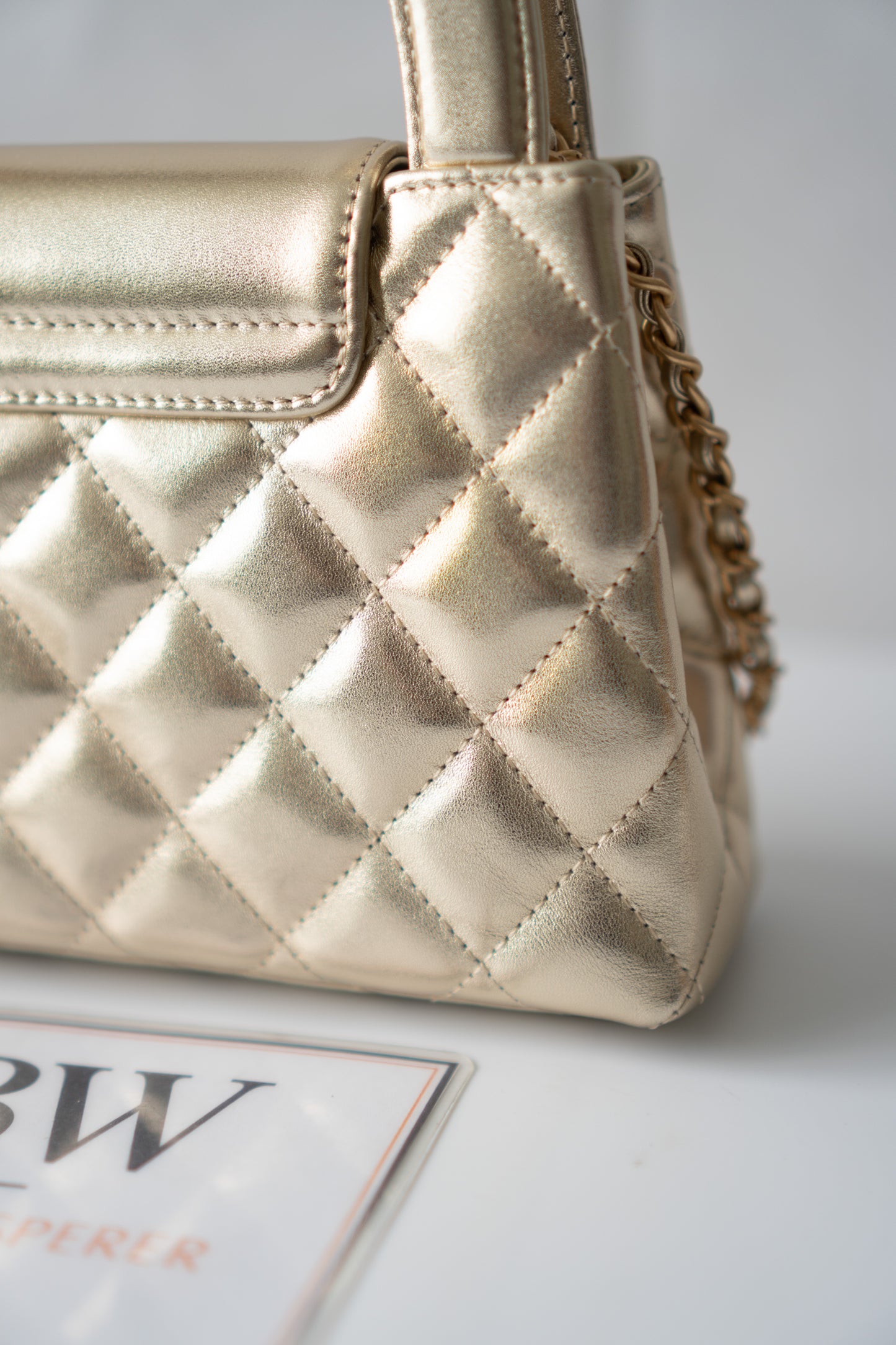Kelly Top Handle Mini Flap – Metallic Gold Quilted Lambskin with Gold Hardware
