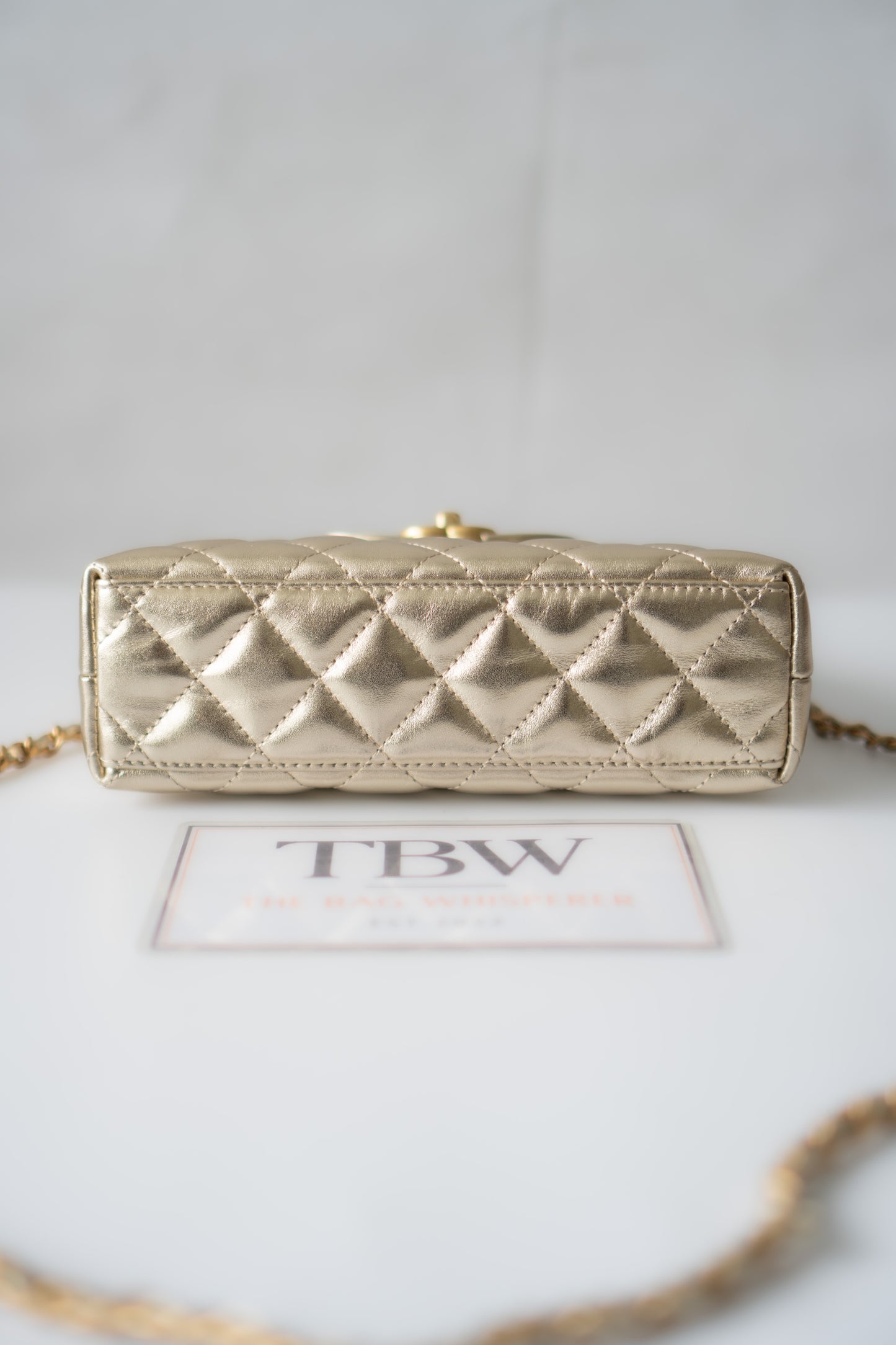 Kelly Top Handle Mini Flap – Metallic Gold Quilted Lambskin with Gold Hardware