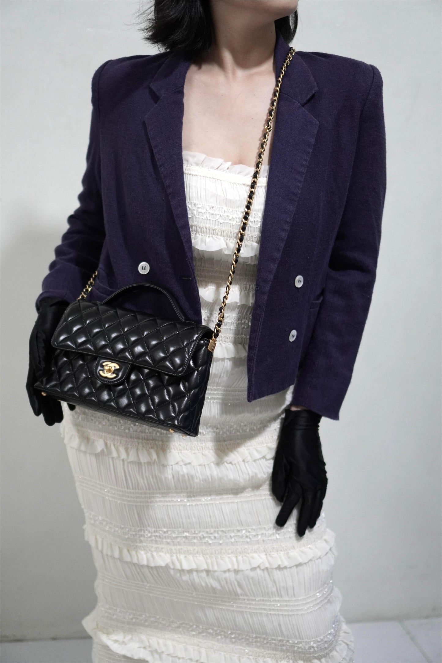 25P Top Handle Flap Bag in Black Shiny Lambskin with Gold Hardware