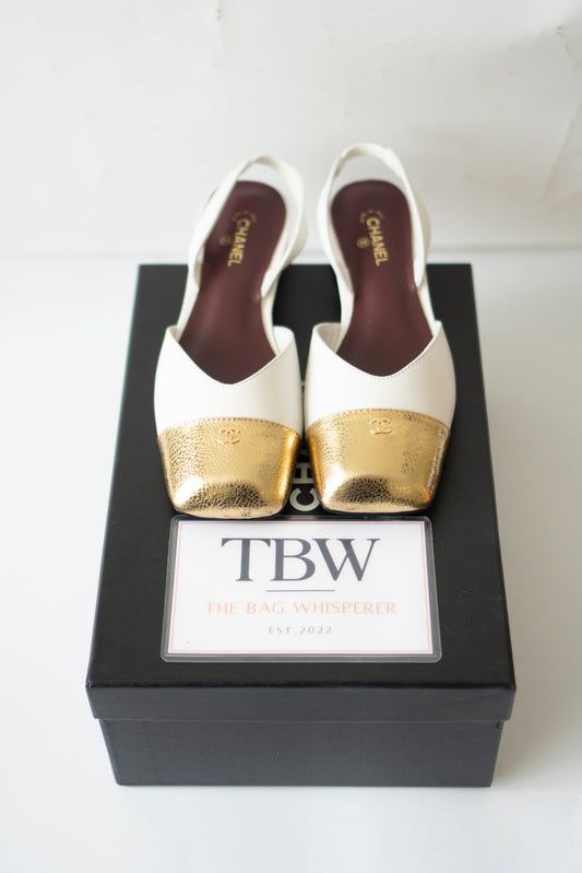 CC Square Toe Slingback – Ivory Lambskin with Metallic Gold Cap Toe