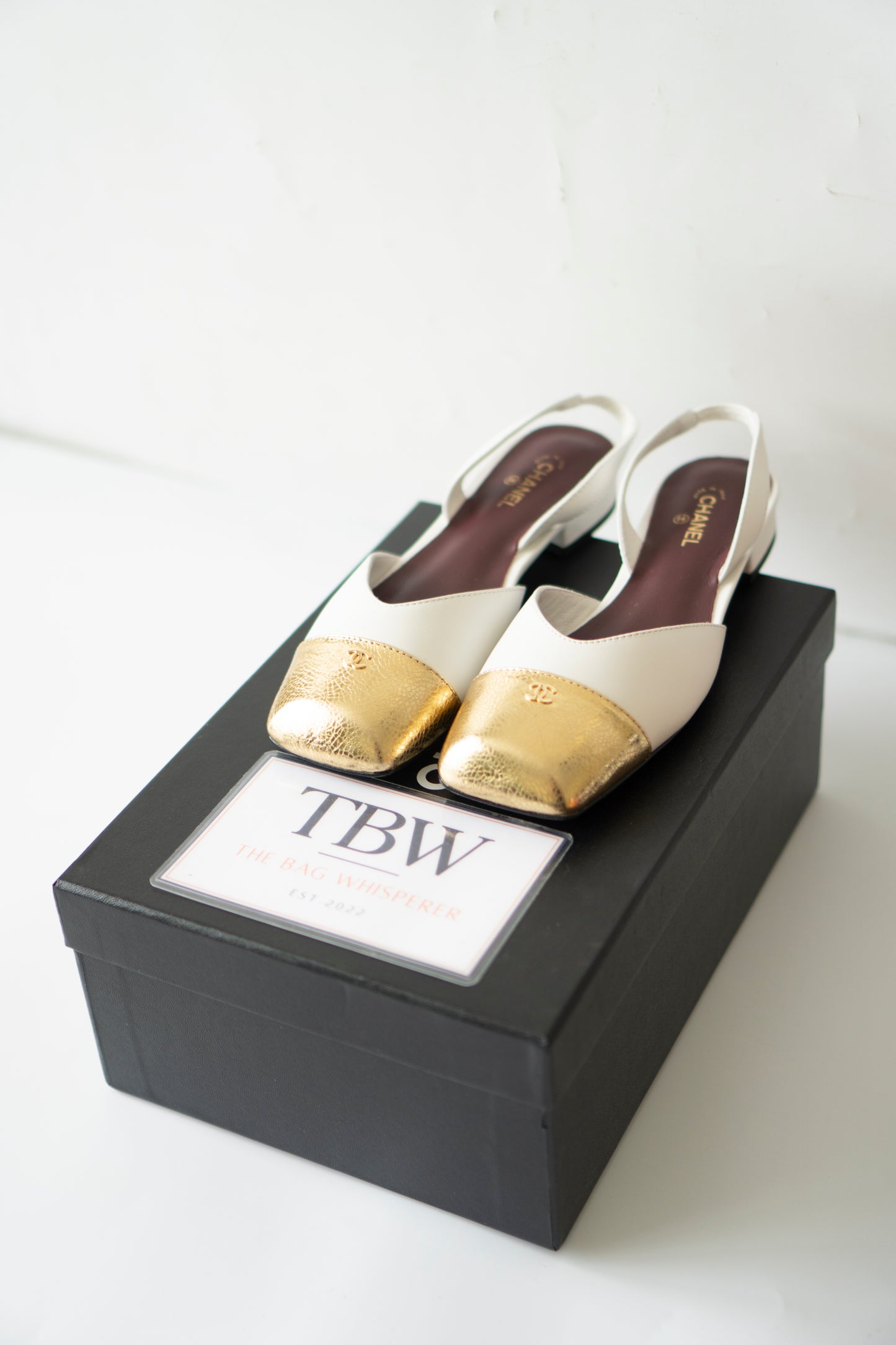 CC Square Toe Slingback – Ivory Lambskin with Metallic Gold Cap Toe