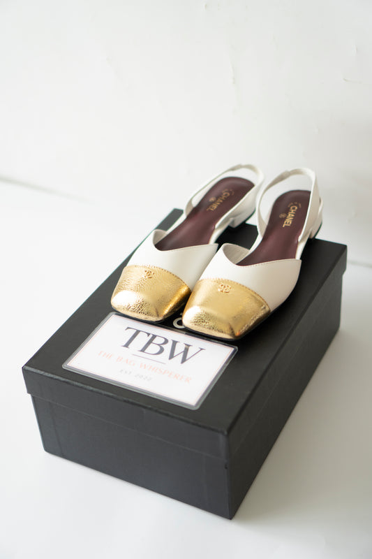 CC Square Toe Slingback – Ivory Lambskin with Metallic Gold Cap Toe
