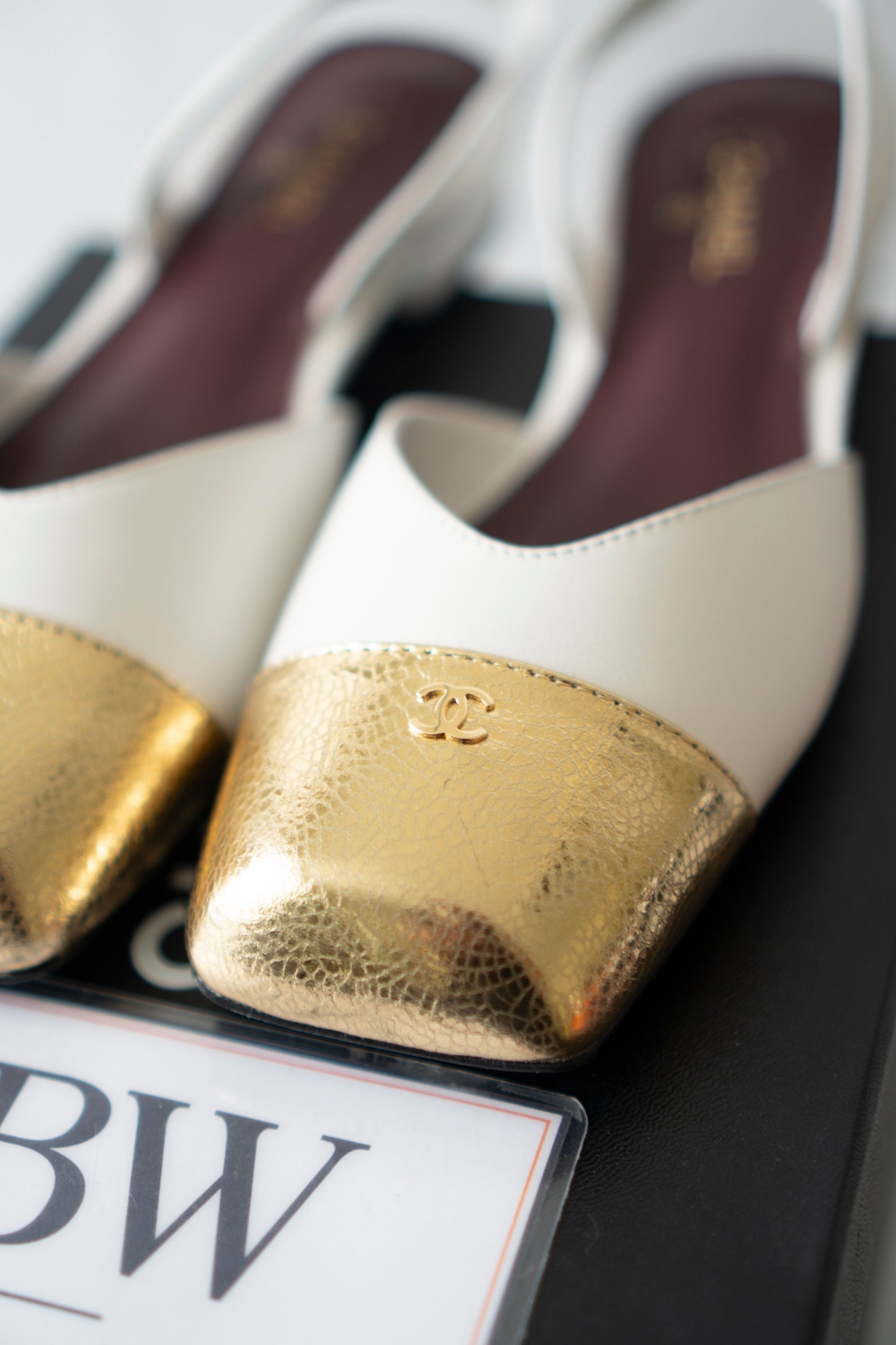 CC Square Toe Slingback – Ivory Lambskin with Metallic Gold Cap Toe