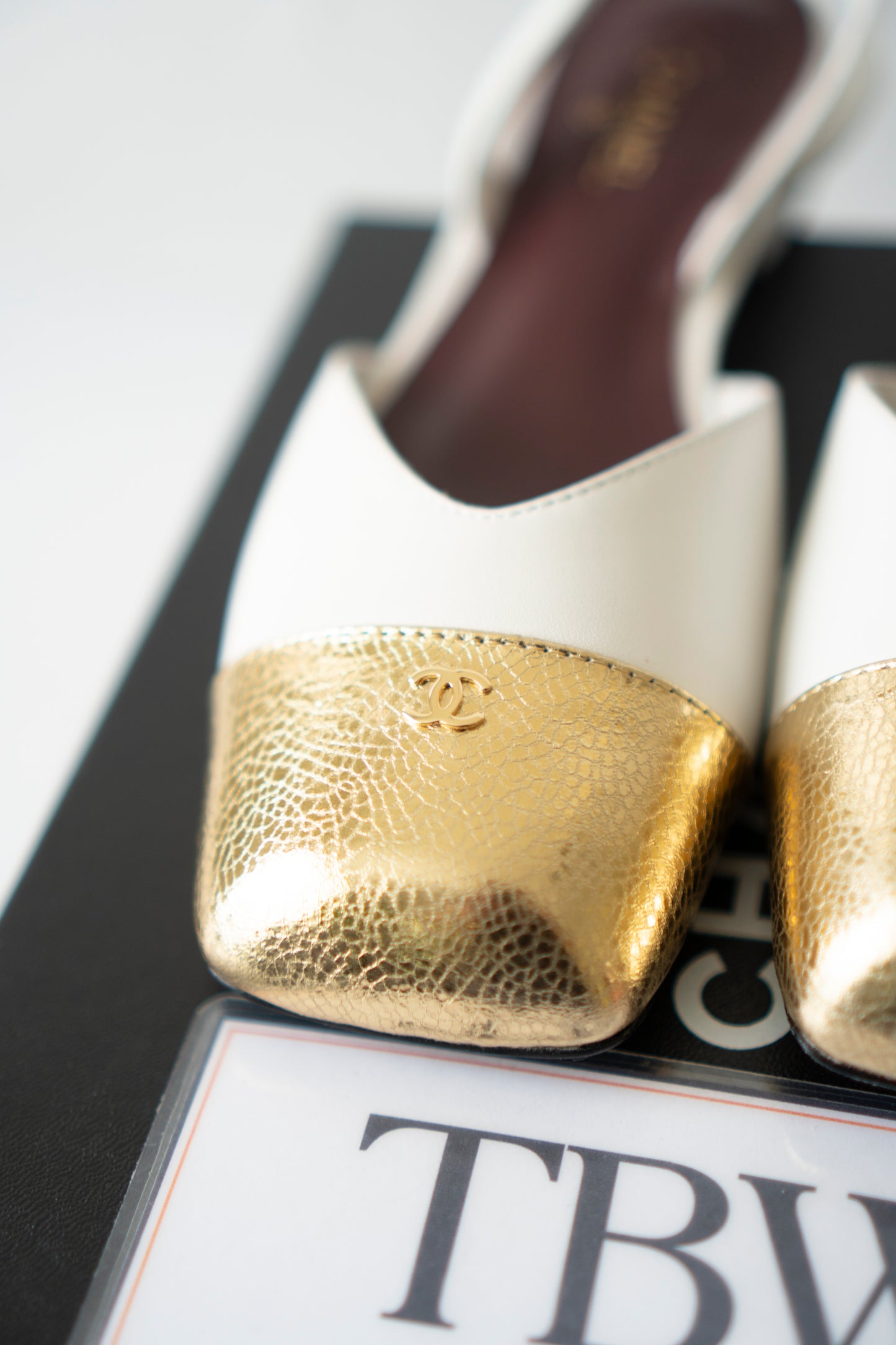 CC Square Toe Slingback – Ivory Lambskin with Metallic Gold Cap Toe