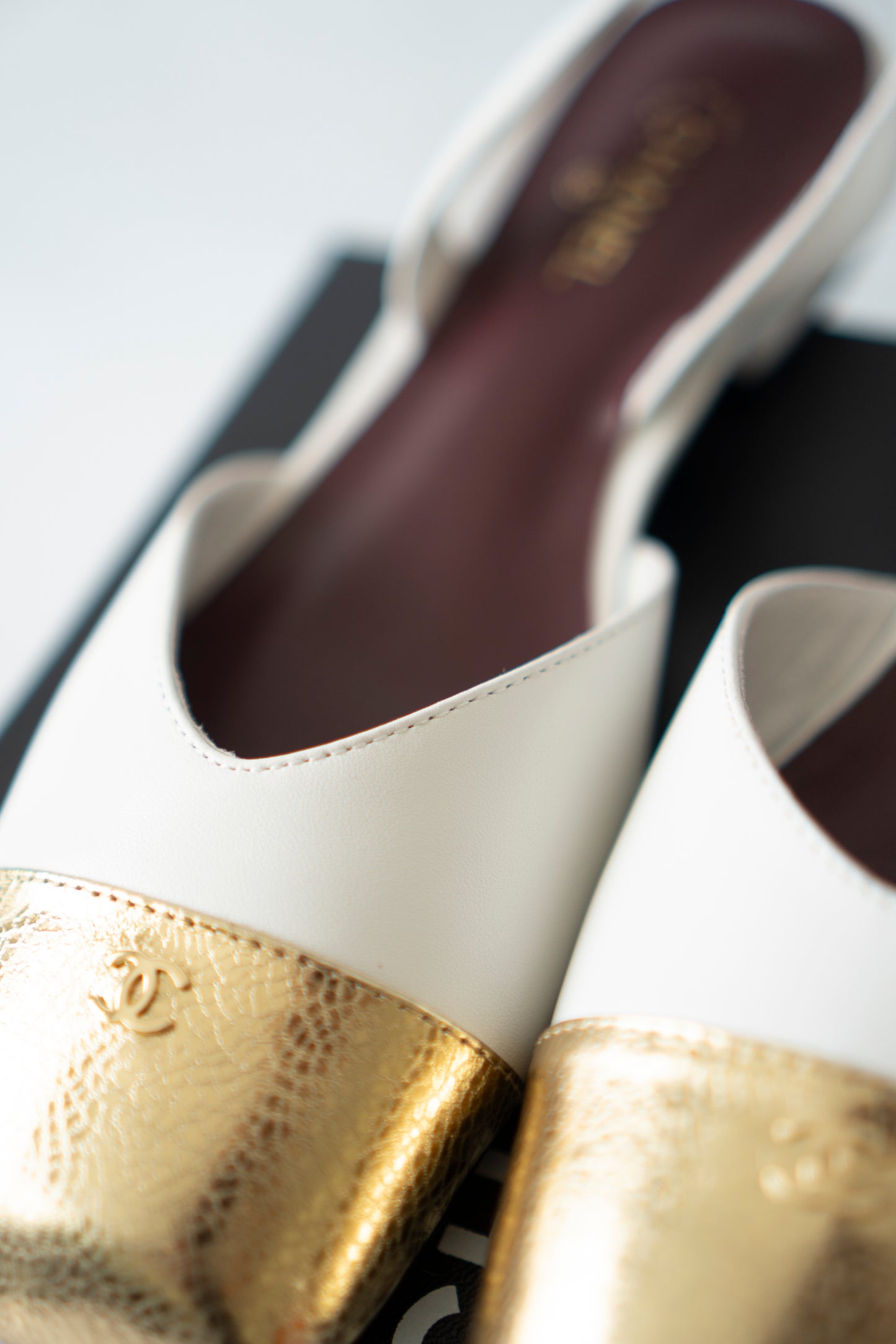 CC Square Toe Slingback – Ivory Lambskin with Metallic Gold Cap Toe