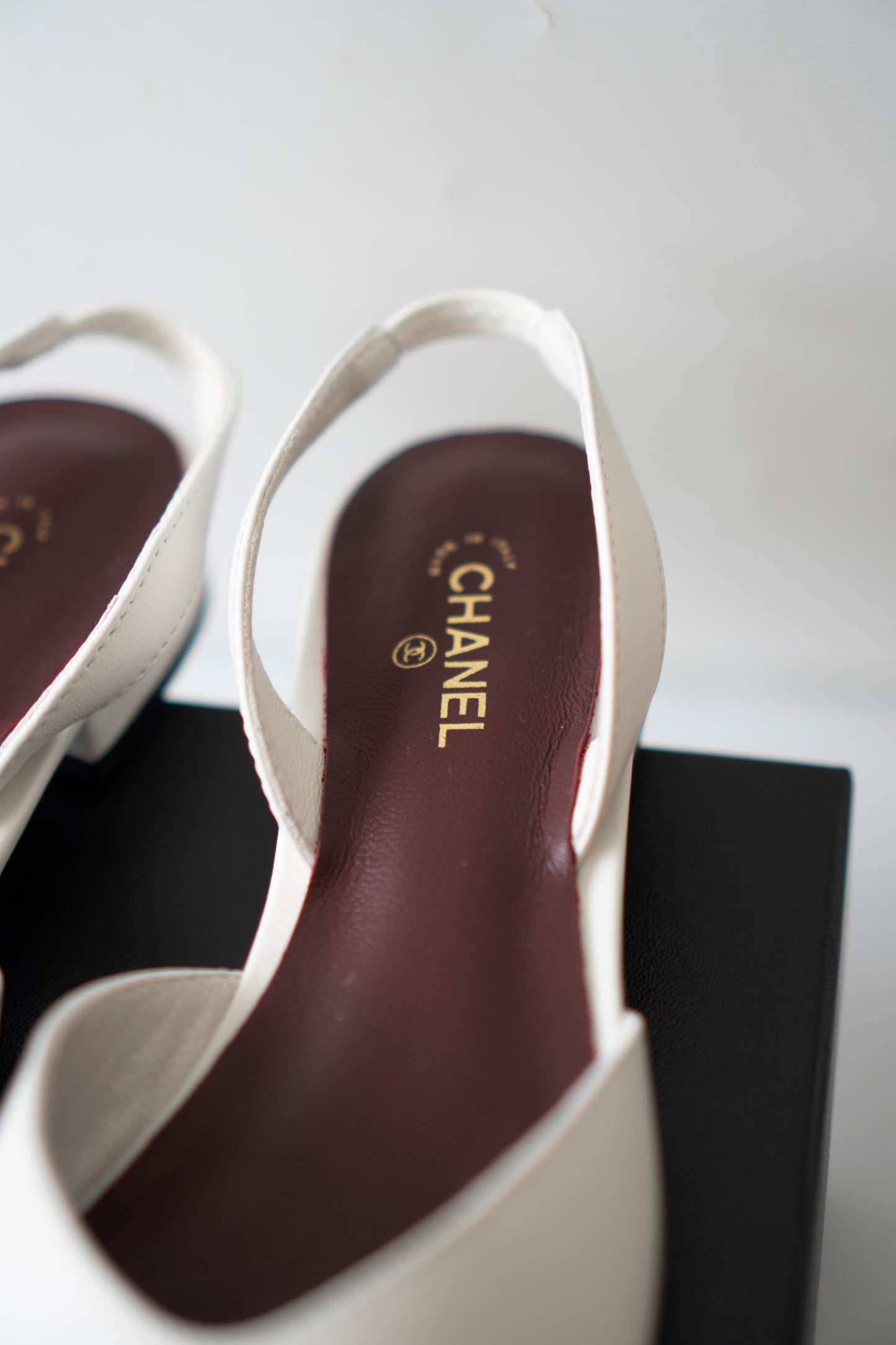 CC Square Toe Slingback – Ivory Lambskin with Metallic Gold Cap Toe