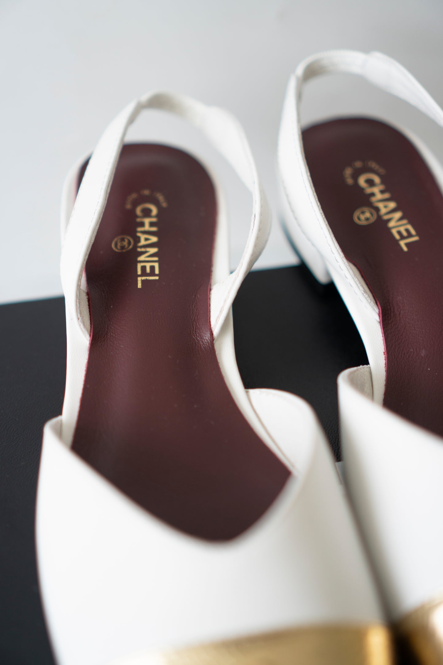 CC Square Toe Slingback – Ivory Lambskin with Metallic Gold Cap Toe