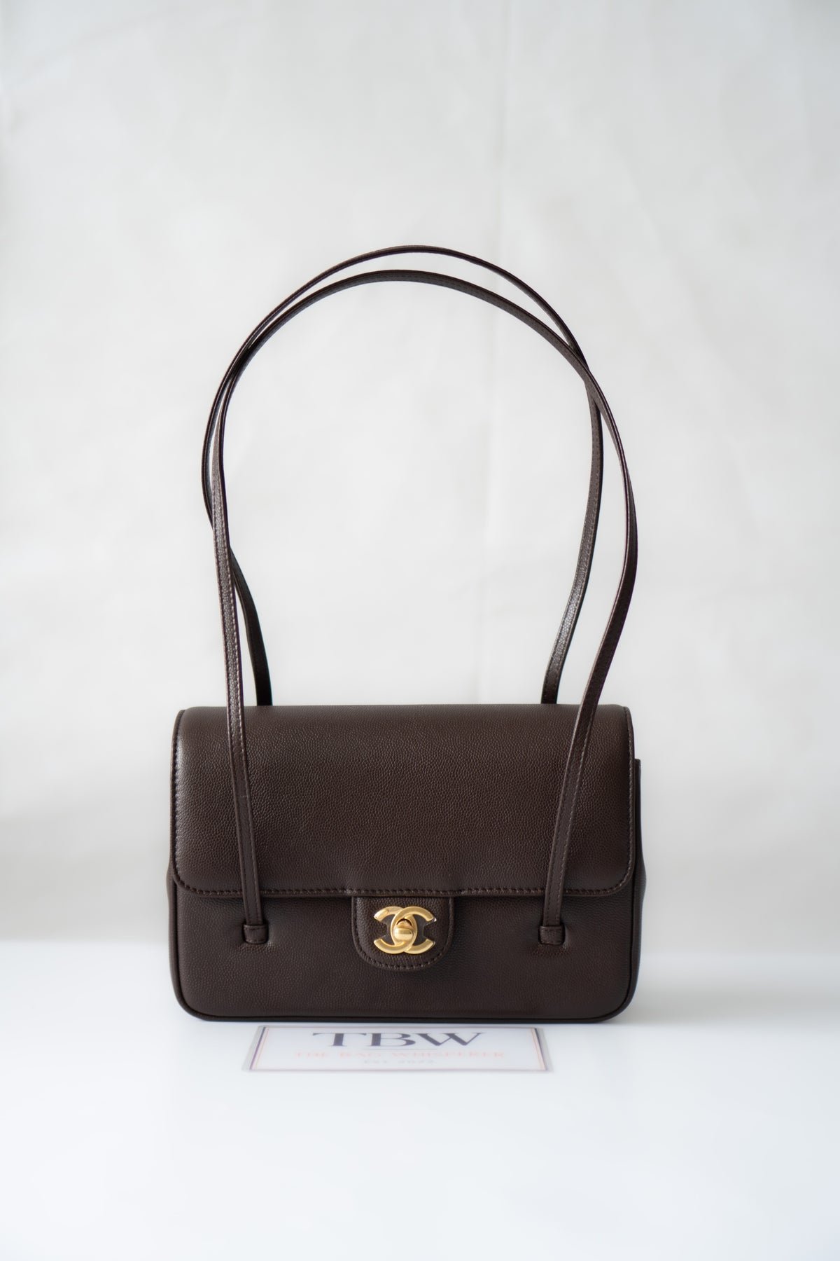 Minimal Flap Bag – Dark Brown Caviar Leather with Gold Hardware