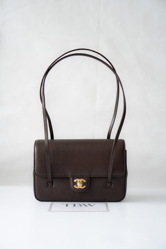 Minimal Flap Bag – Dark Brown Caviar Leather with Gold Hardware