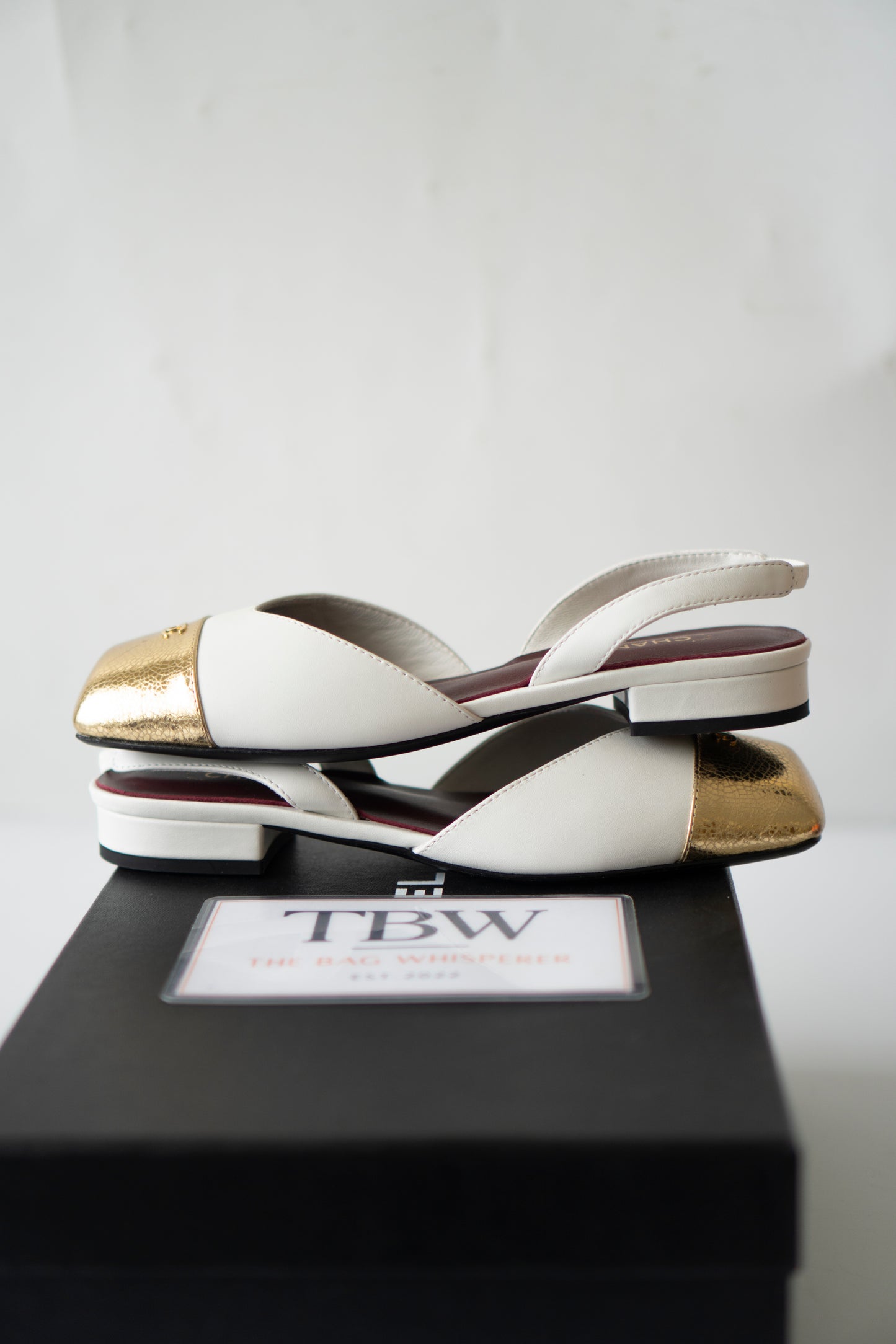 CC Square Toe Slingback – Ivory Lambskin with Metallic Gold Cap Toe